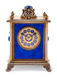 A Continental Blue Hardstone and Cultured Pearl Inset Gilt Metal and Enameled Table Clock