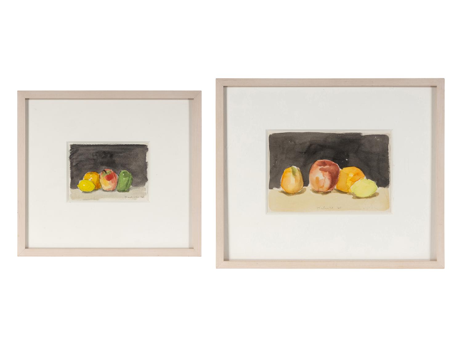 Fruit with Black Background and Green Pear and Red Apple (Two Works), 1961