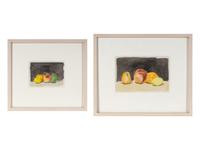 Fruit with Black Background and Green Pear and Red Apple (Two Works), 1961