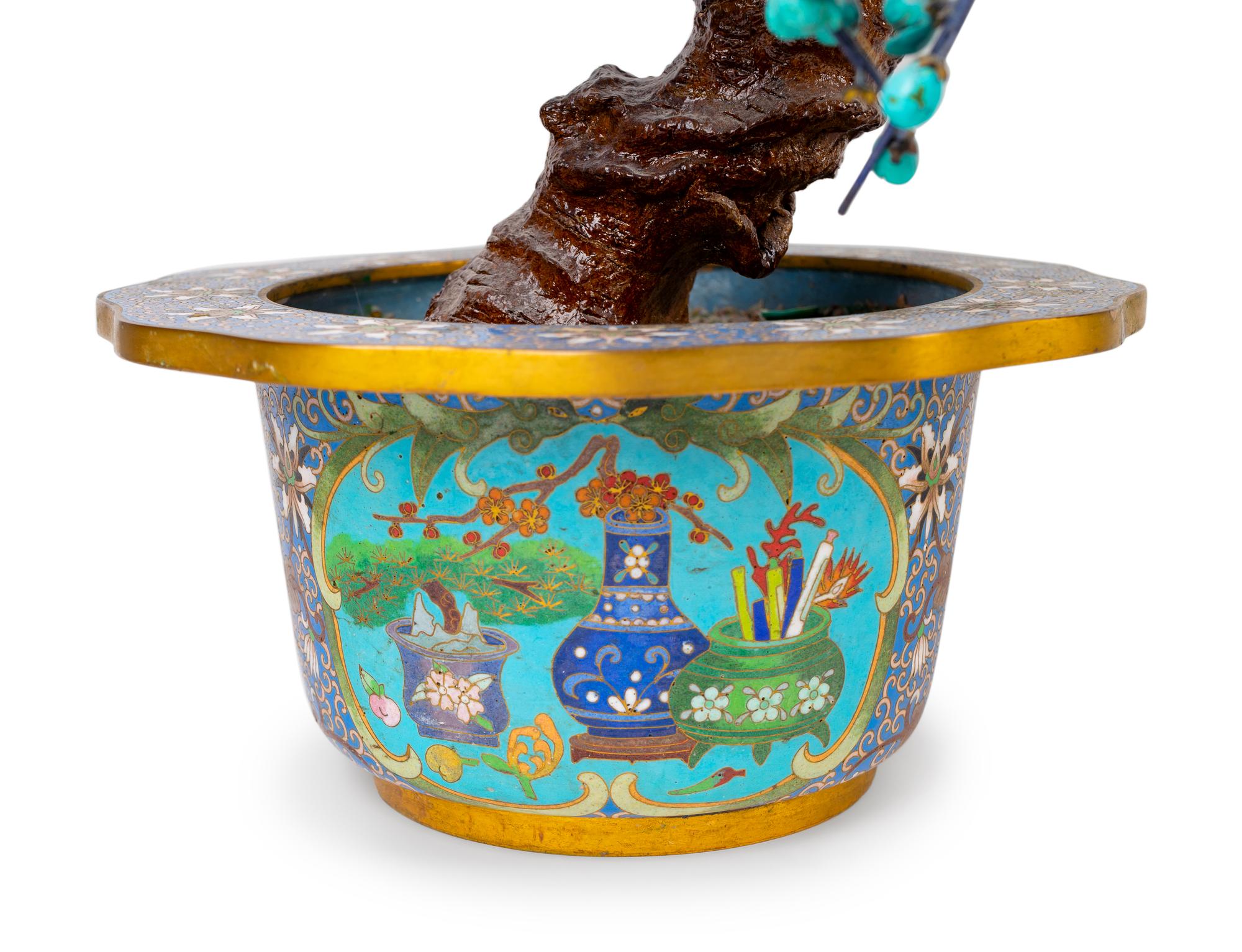 Two Chinese Hardstone Trees in Cloisonne Enamel Jardinieres — 20TH CENTURY