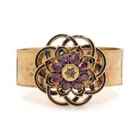 FRENCH, ANTIQUE, YELLOW GOLD AND RUBY BANGLE BRACELET