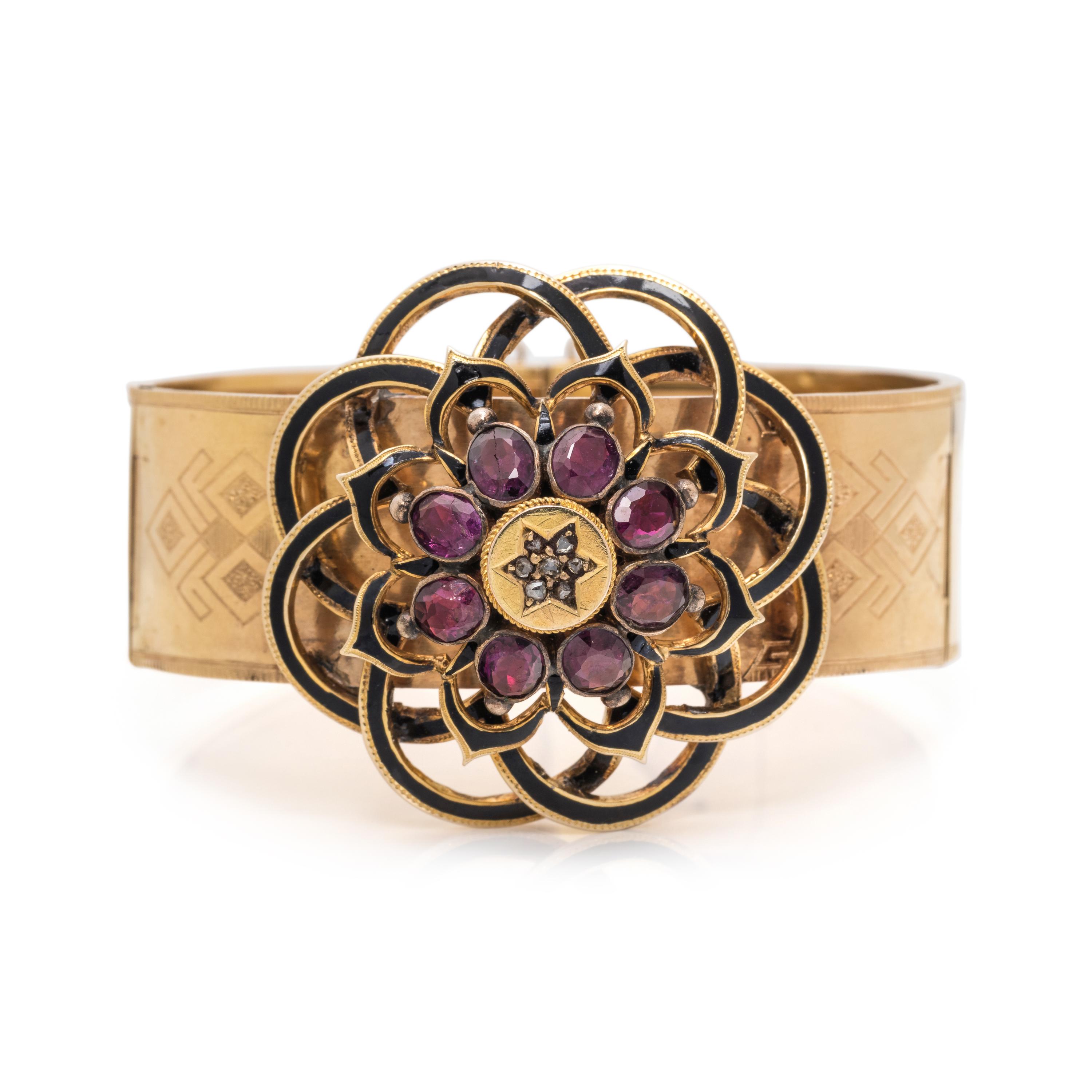 FRENCH, ANTIQUE, YELLOW GOLD AND RUBY BANGLE BRACELET