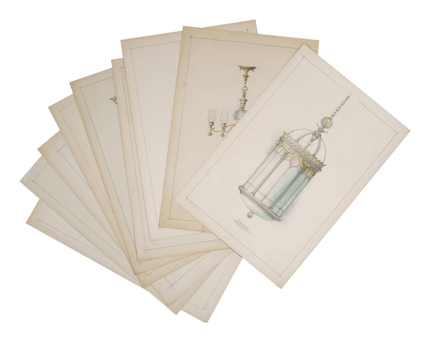 A Collection of Pencil and Ink Prototype Drawings for Beardslee Chandelier Co.