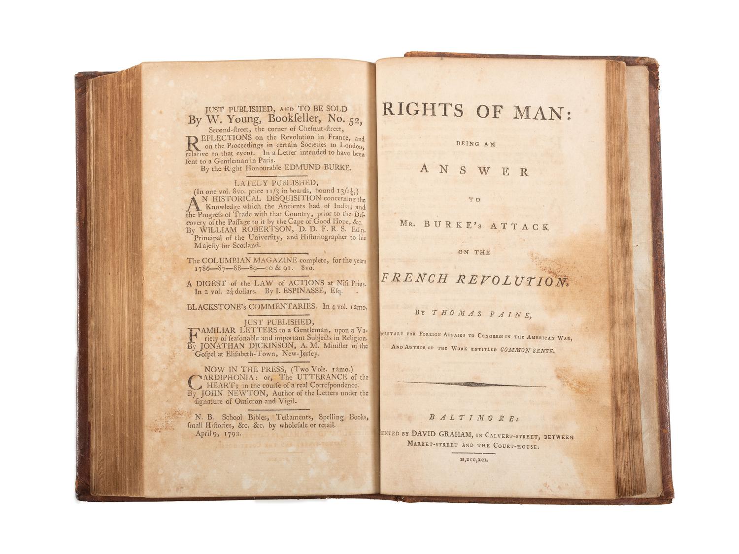 [REVOLUTIONARY WAR -- THE FRENCH REVOLUTION]. A sammelband of American editions of works by Edmund BURKE, Edmund MACKINTOSH, and scarce 1791 Baltimore printing of Thomas Paine's Rights of Man .