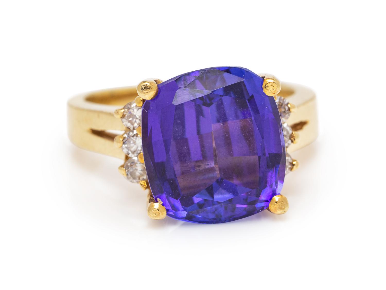 A 14 Karat Yellow Gold, Tanzanite and Diamond Ring,