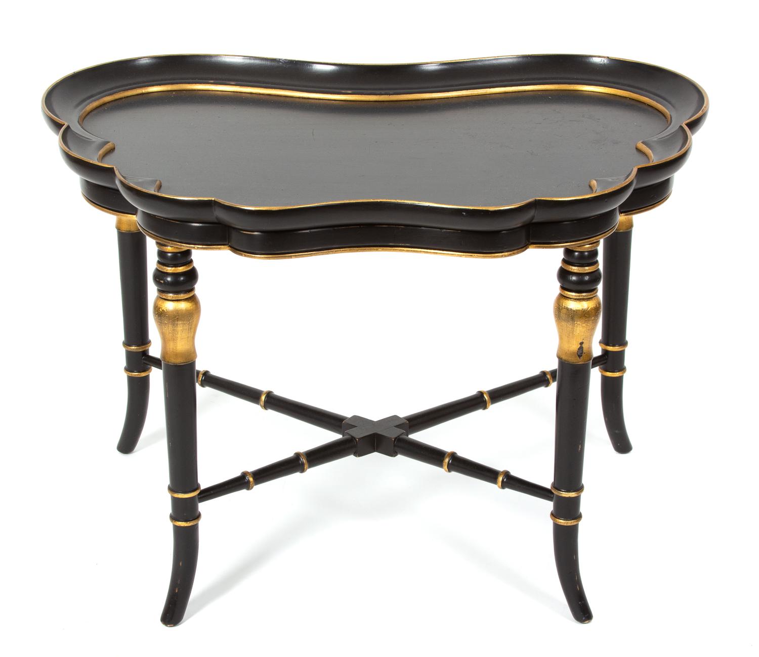 A Regency Style Black Lacquer Tray Top Table with Gilt Accents Height 20 3/4 x width 30 x depth 20 3/4 inches. — 20TH CENTURY