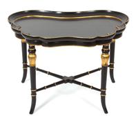 A Regency Style Black Lacquer Tray Top Table with Gilt Accents Height 20 3/4 x width 30 x depth 20 3/4 inches. — 20TH CENTURY