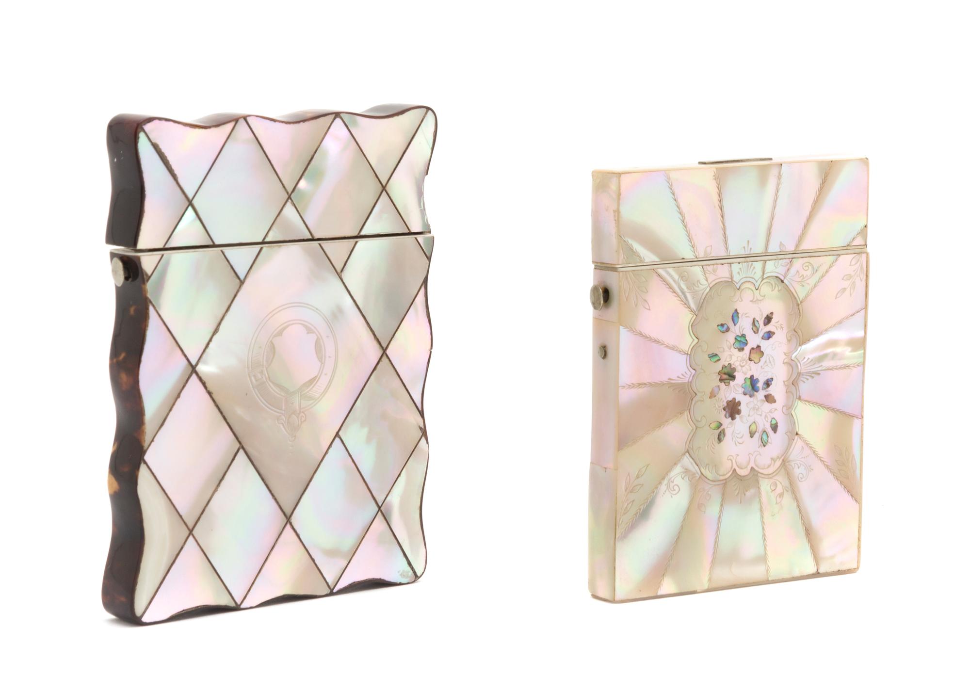 Two Mother-of-Pearl Veneered Card Cases, Height 4 inches.