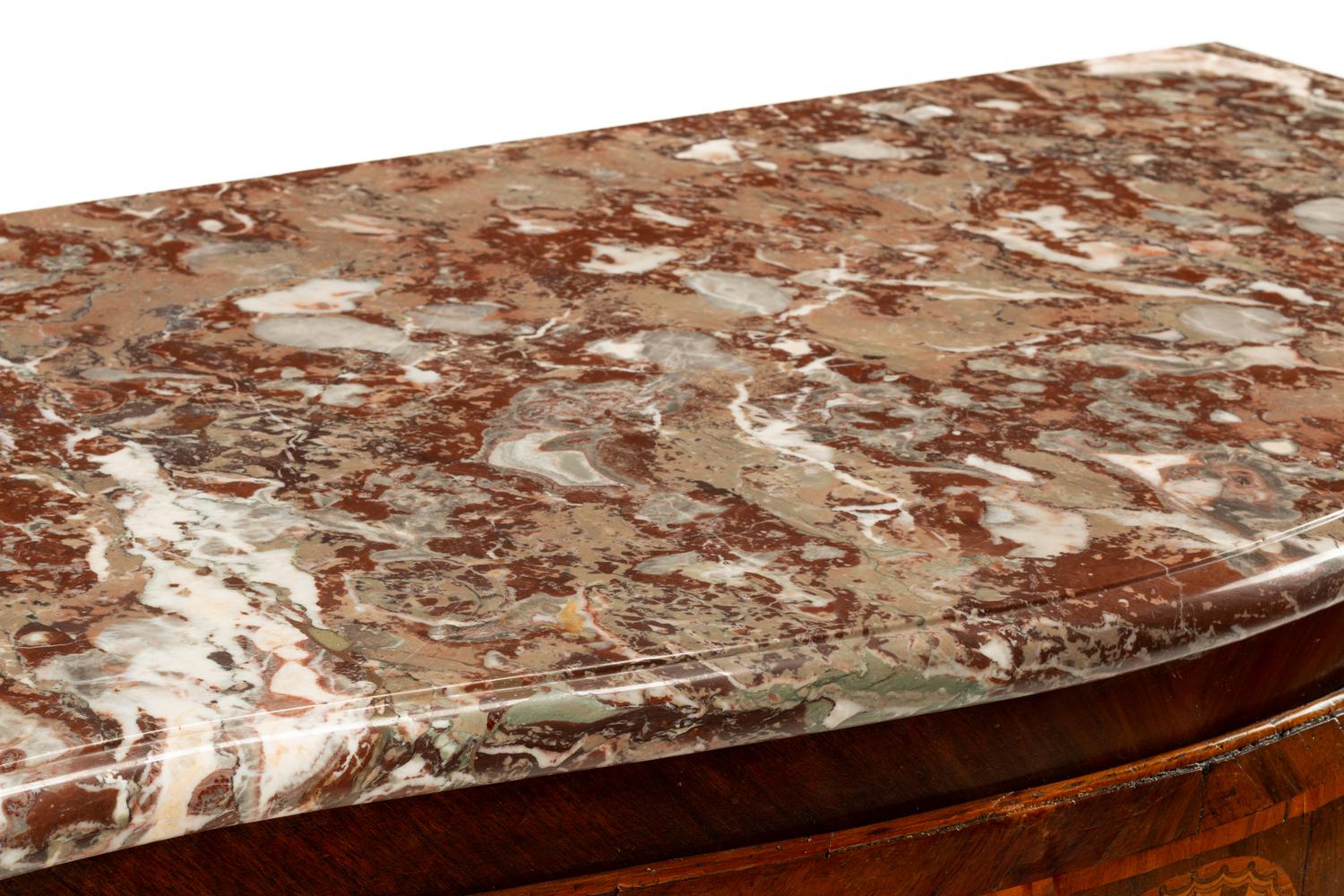 An Italian Walnut and Marquetry Marble-Top Commode