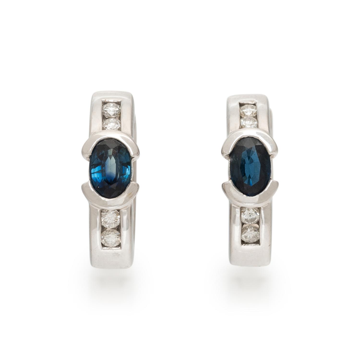 SAPPHIRE, DIAMOND, AND WHITE GOLD HOOP EARRINGS