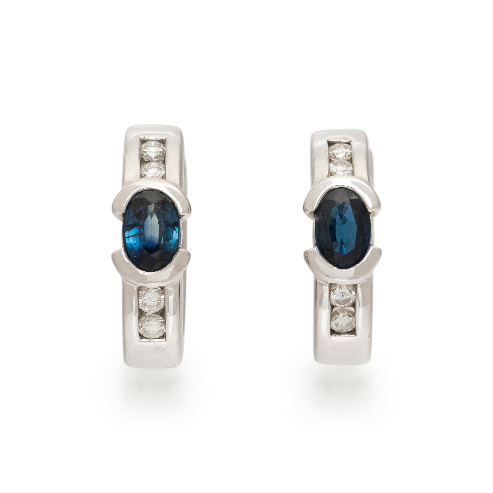 SAPPHIRE, DIAMOND, AND WHITE GOLD HOOP EARRINGS