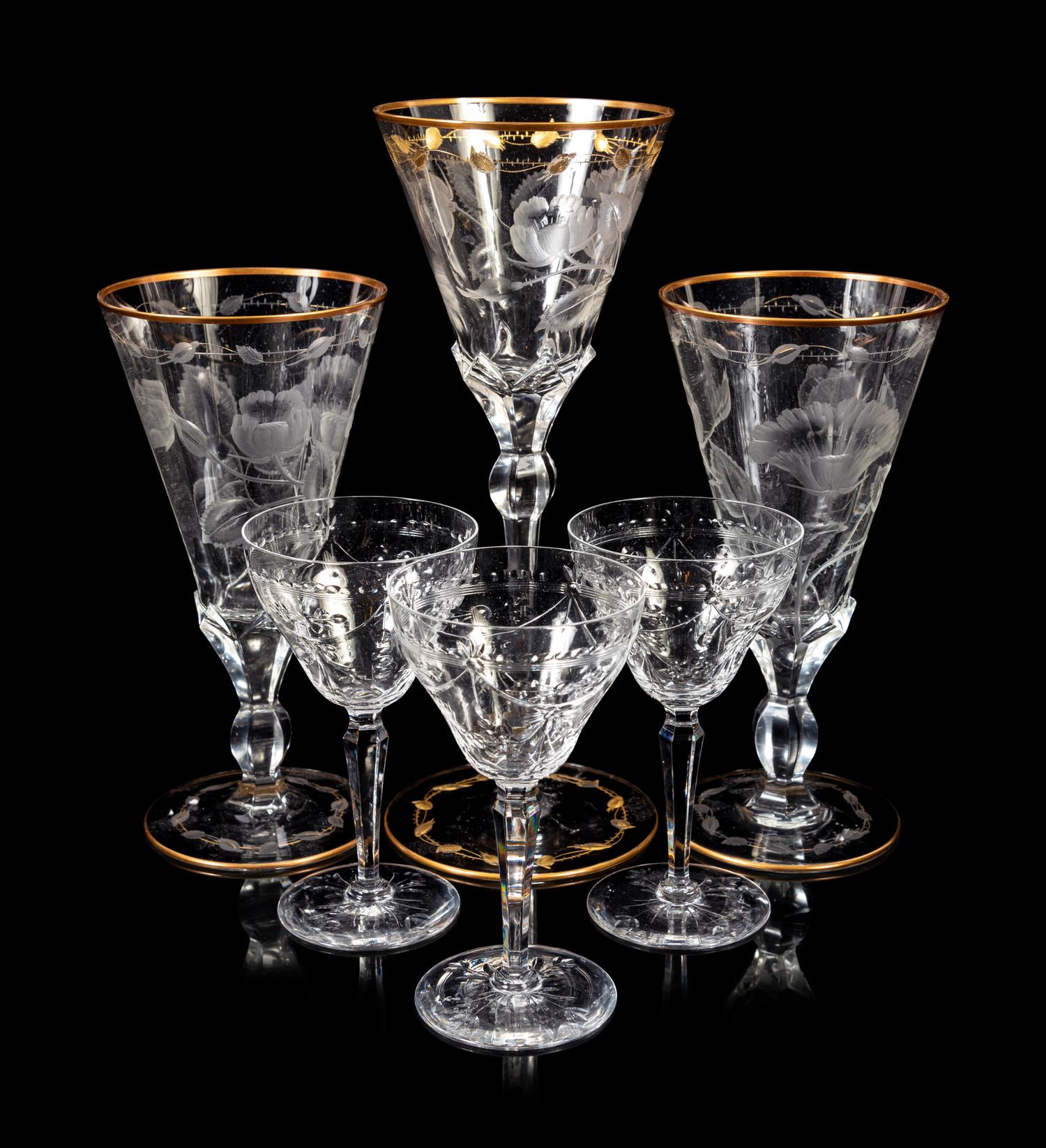 A Group of Gilt Decorated and Etched Glass Stemware Articles
