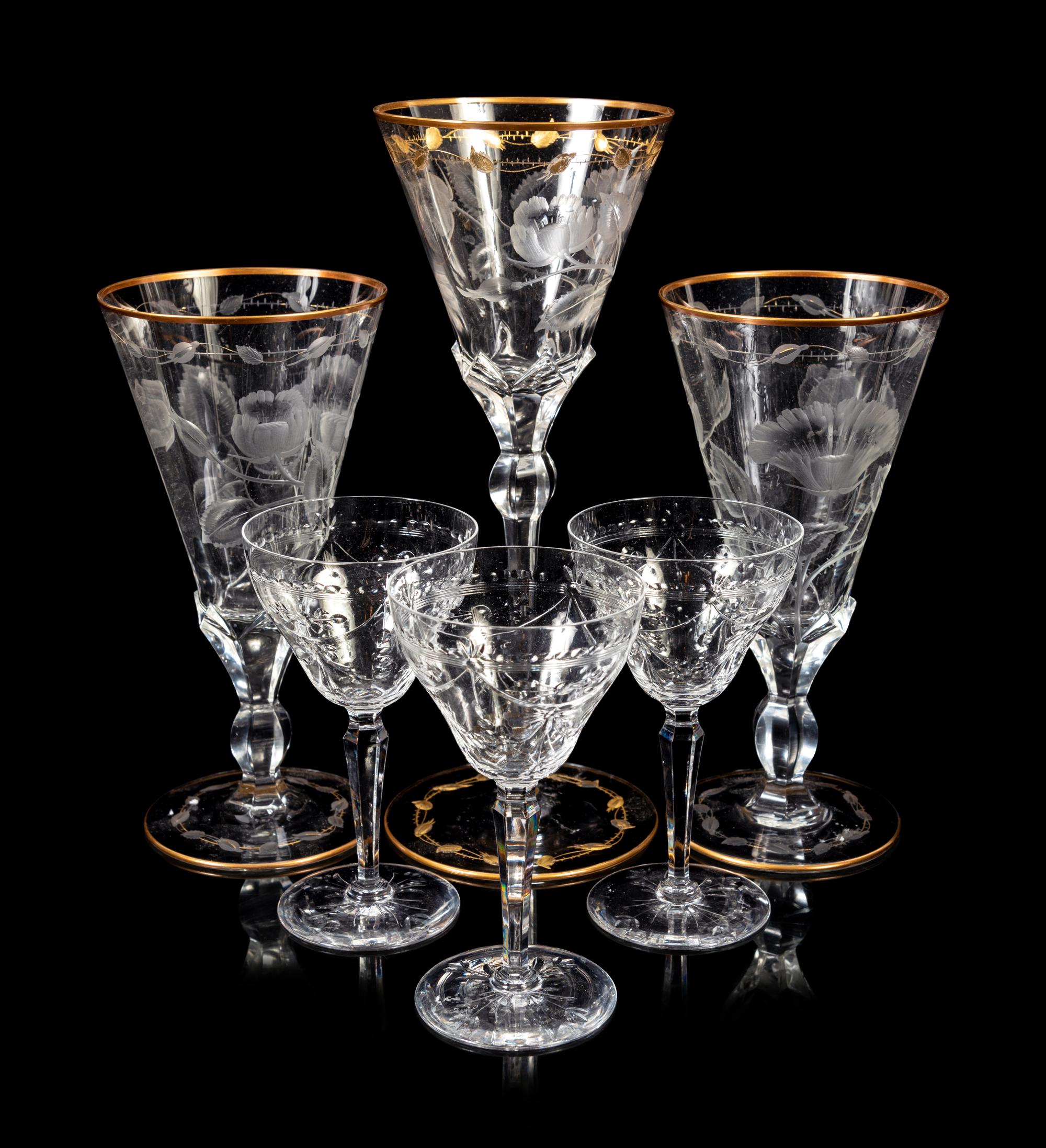 A Group of Gilt Decorated and Etched Glass Stemware Articles