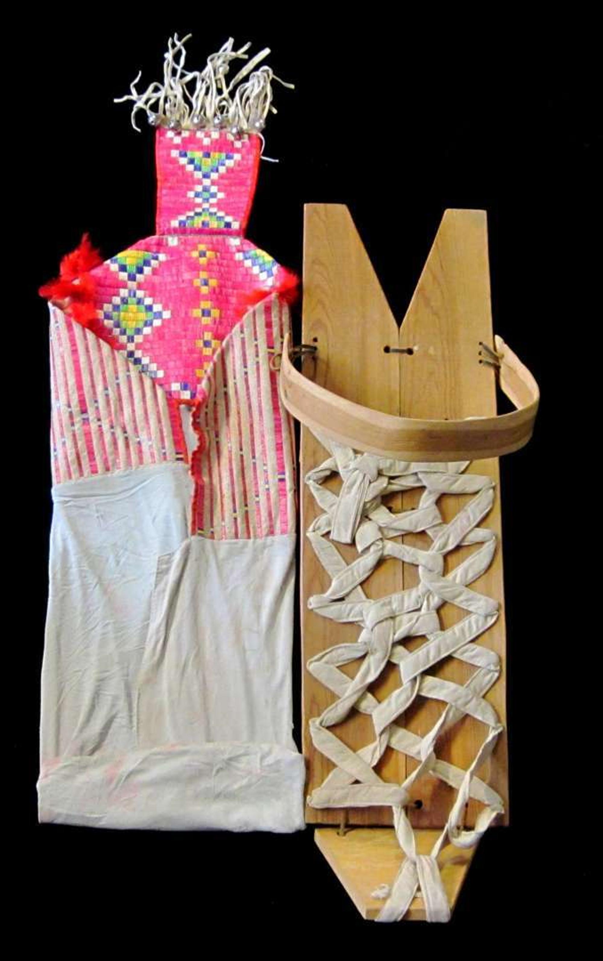 Cradle board and associated quill-worked hide hood dakota springs, 1950