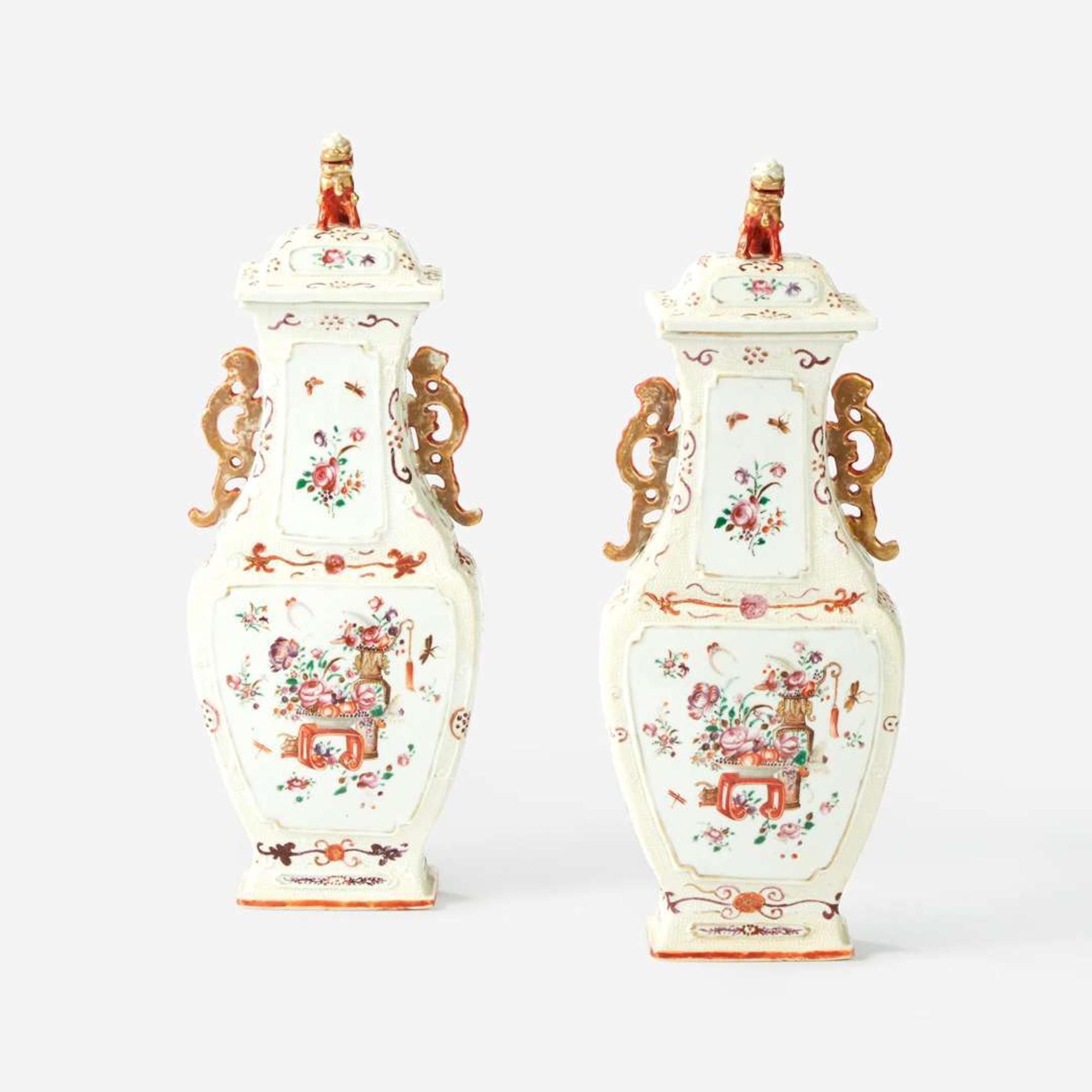 A Pair of Chinese Export Porcelain Famille Rose Covered Vases