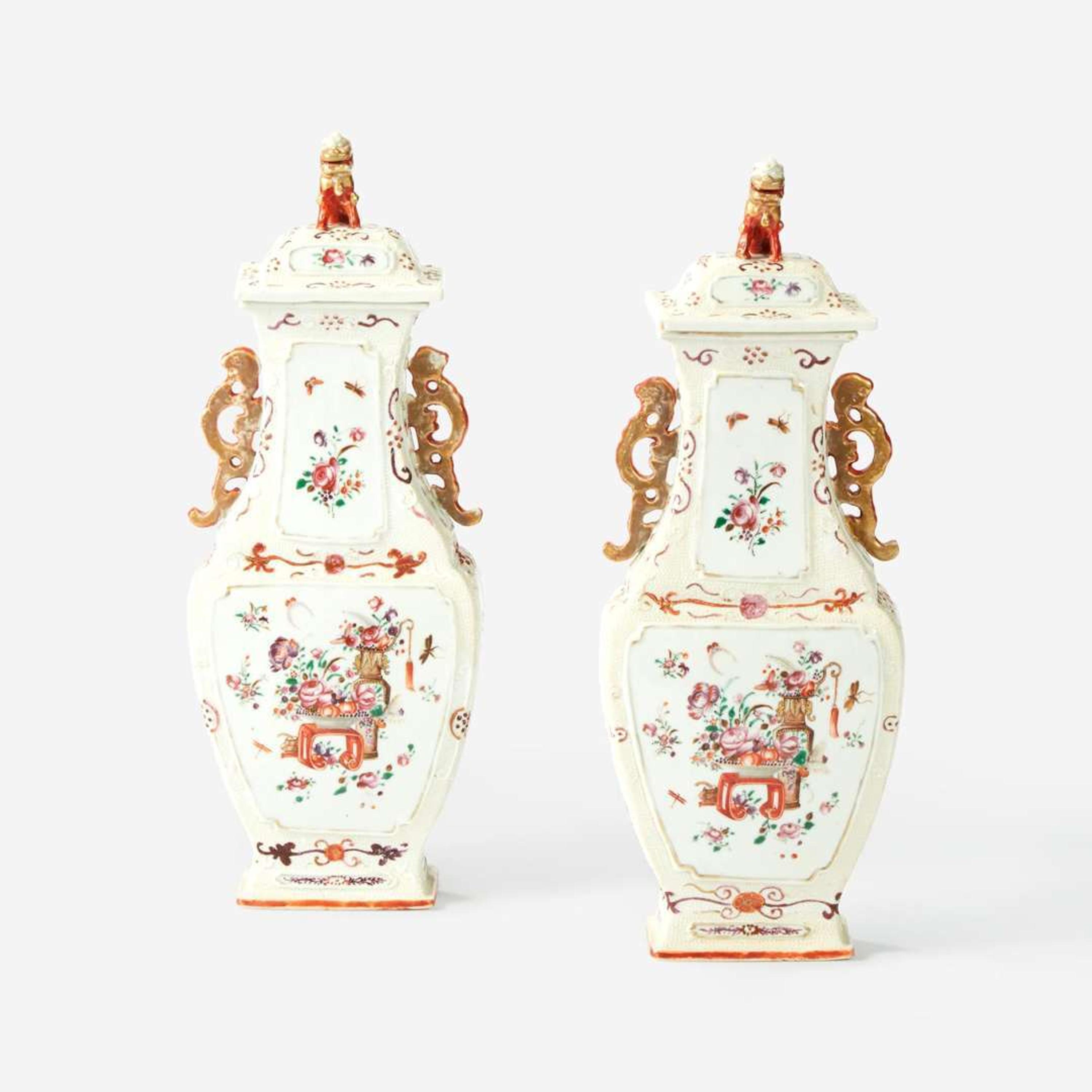 A Pair of Chinese Export Porcelain Famille Rose Covered Vases