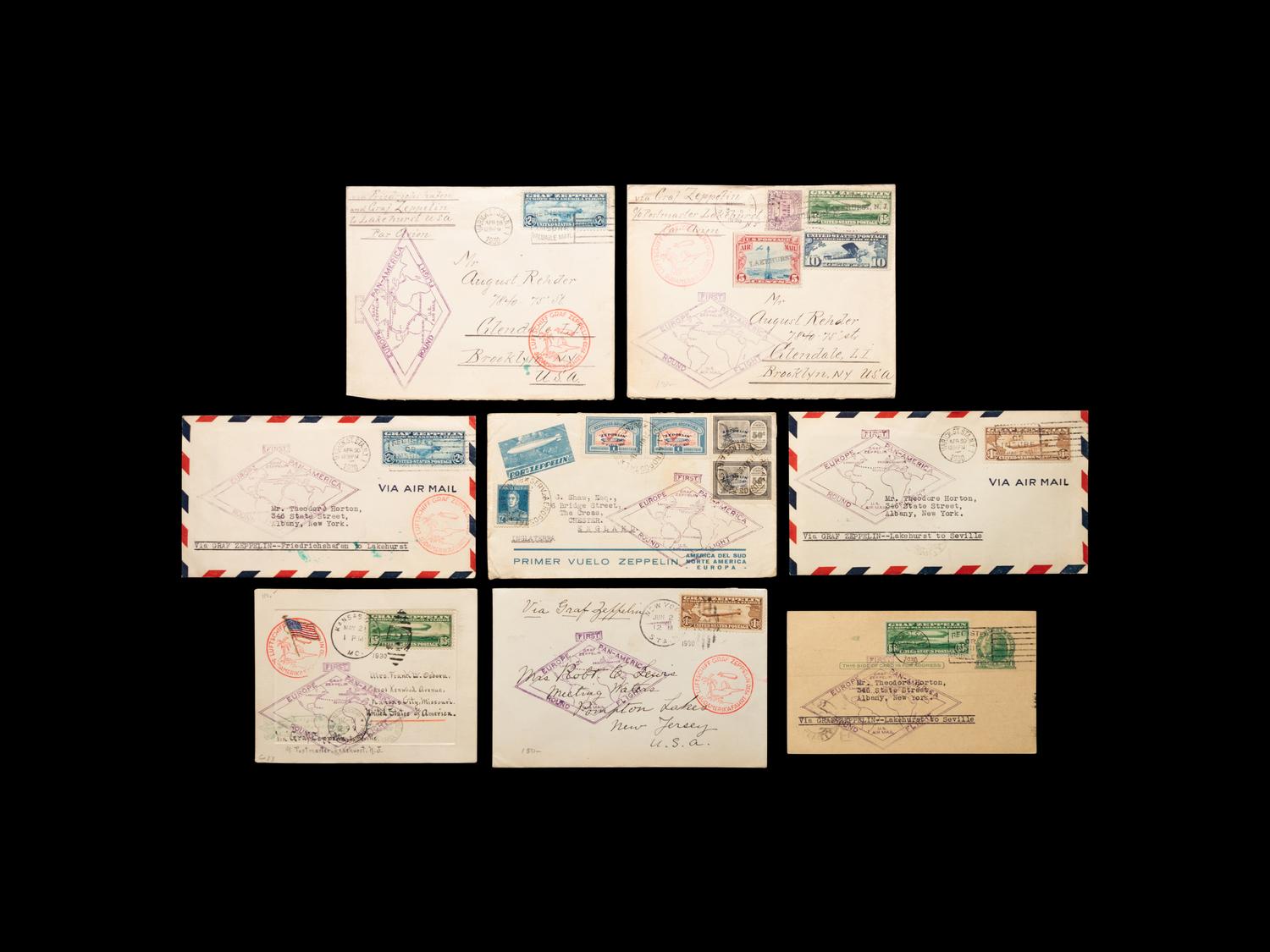 [FLIGHT COVER] 1930. May 18-June 6. A Group of Six Covers and Two Postcards from the First Europe Pan-Amerca Roundtrip Flight Aboard the Graf Zeppelin (AAMC #z-105).