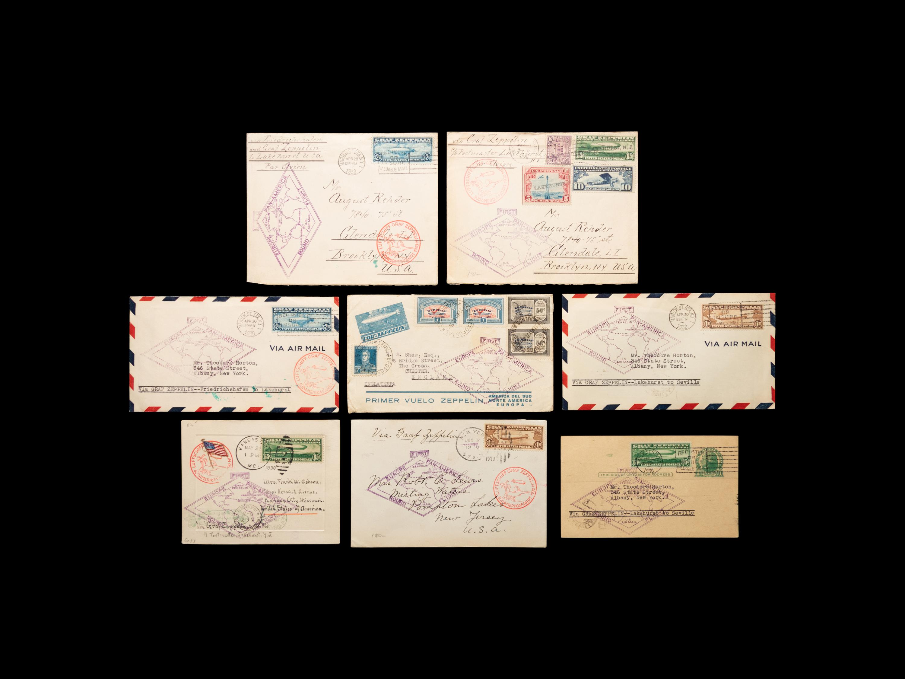 [FLIGHT COVER] 1930. May 18-June 6. A Group of Six Covers and Two Postcards from the First Europe Pan-Amerca Roundtrip Flight Aboard the Graf Zeppelin (AAMC #z-105).