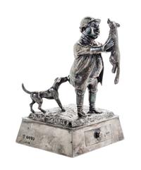 A Victorian Silver Figural Smoking Compendium, Edward Charles Brown, London, 1881, formed as a hunter holding a fox while a dog pulls a