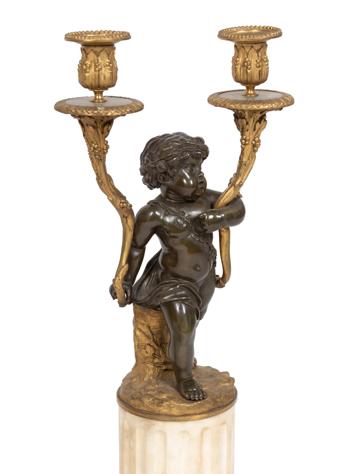A Pair of Louis XVI Parcel-Gilt and Patinated Bronze Candelabra