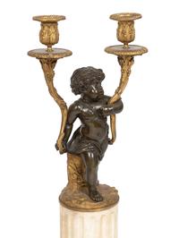 A Pair of Louis XVI Parcel-Gilt and Patinated Bronze Candelabra