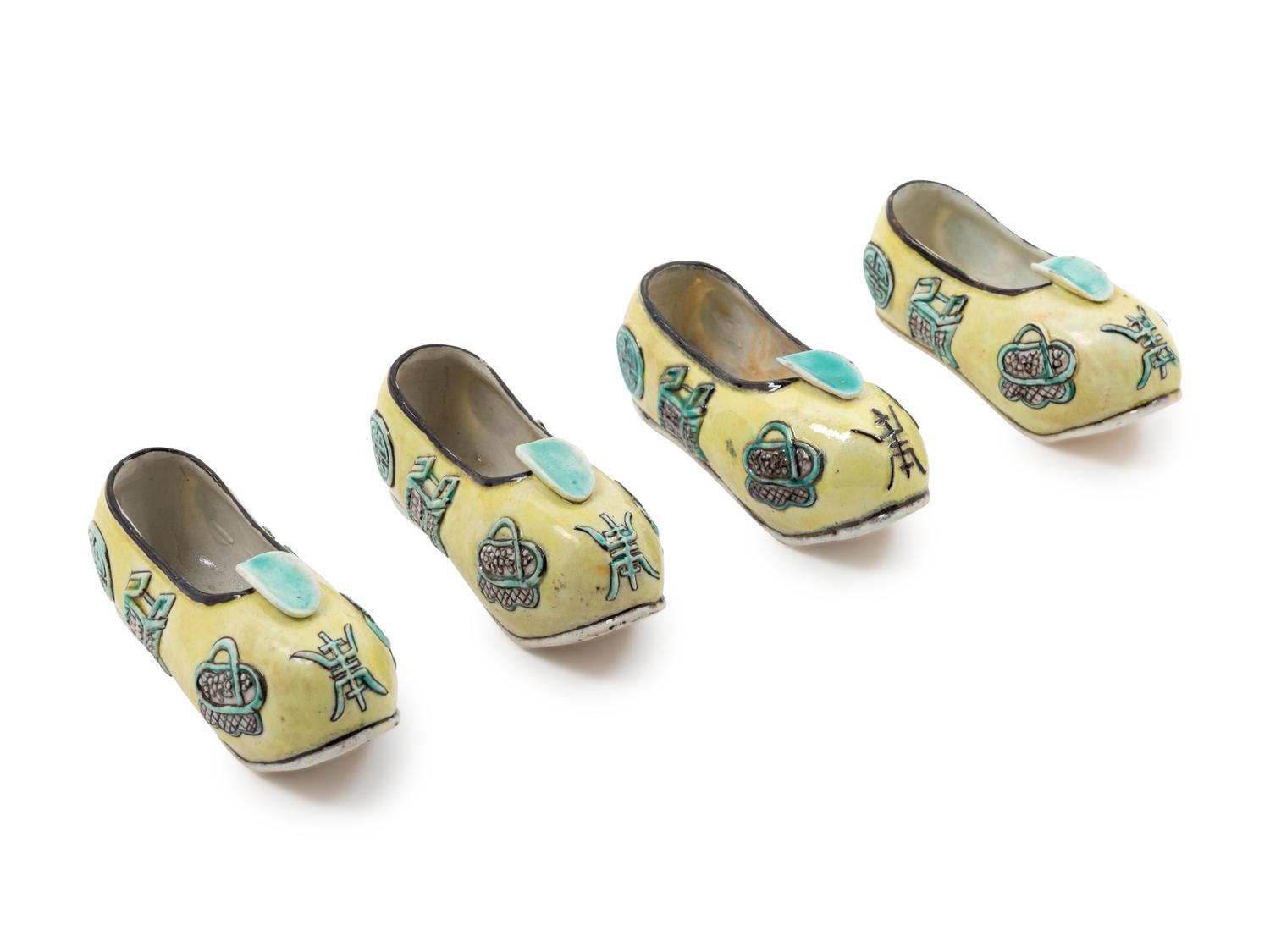 Four Chinese Famille Verte Porcelain Models of Shoes