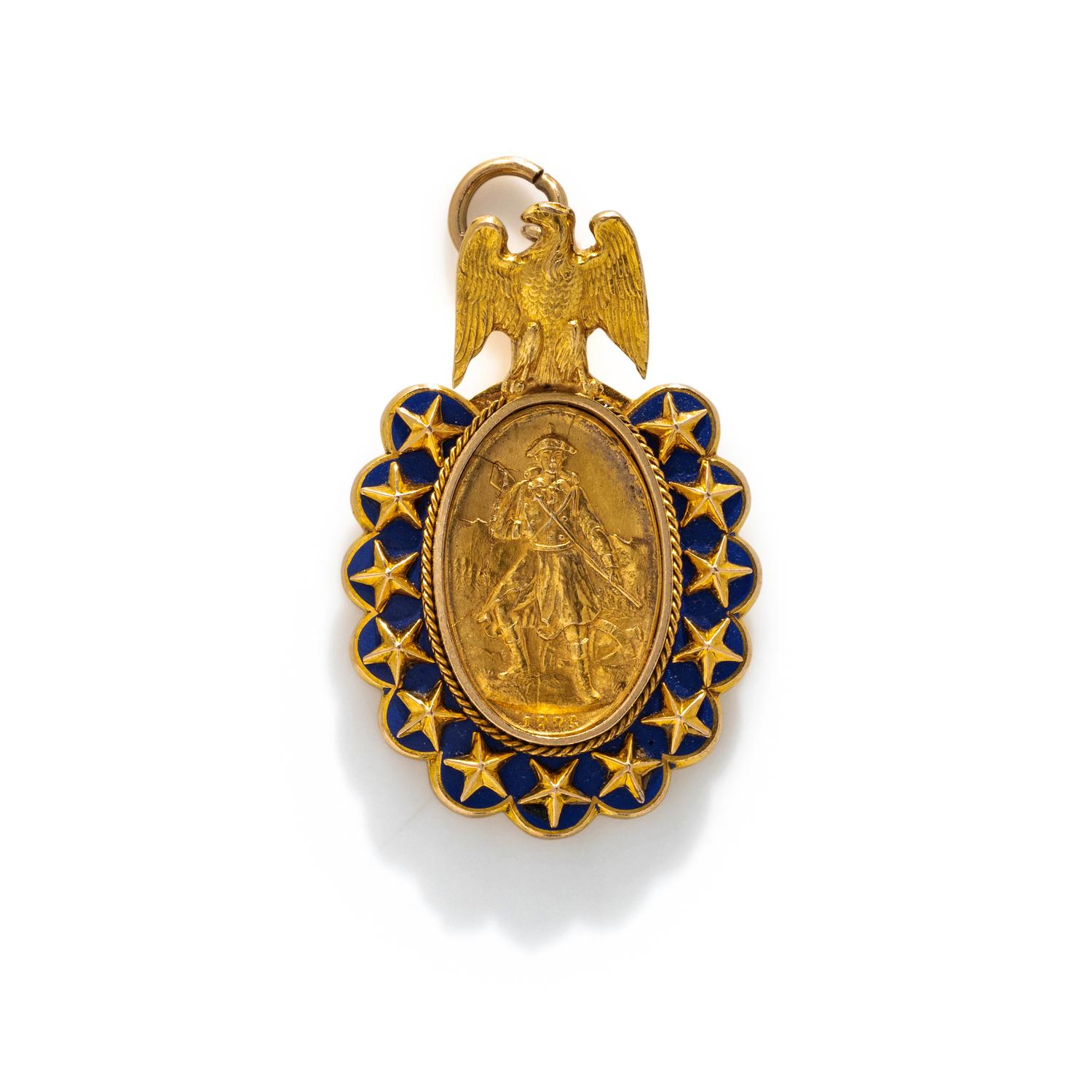 BAILEY, BANKS & BIDDLE, YELLOW GOLD AND ENAMEL 'SONS OF THE REVOLUTION' PENDANT