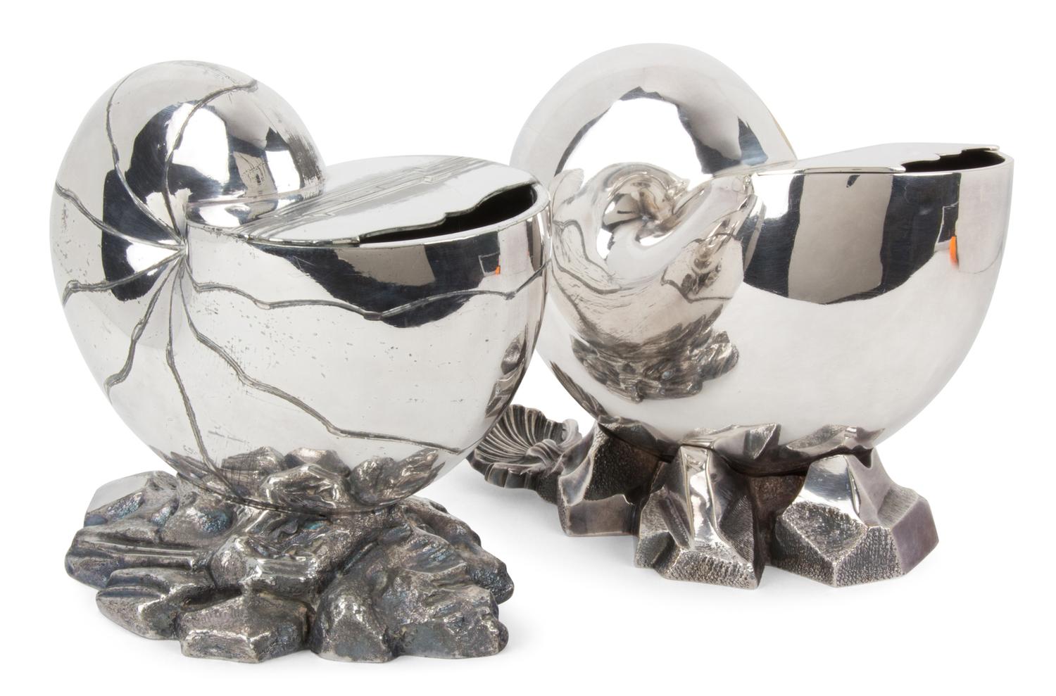 Two English Silver-Plate Nautilus Spoon Warmers — 19TH CENTURY
