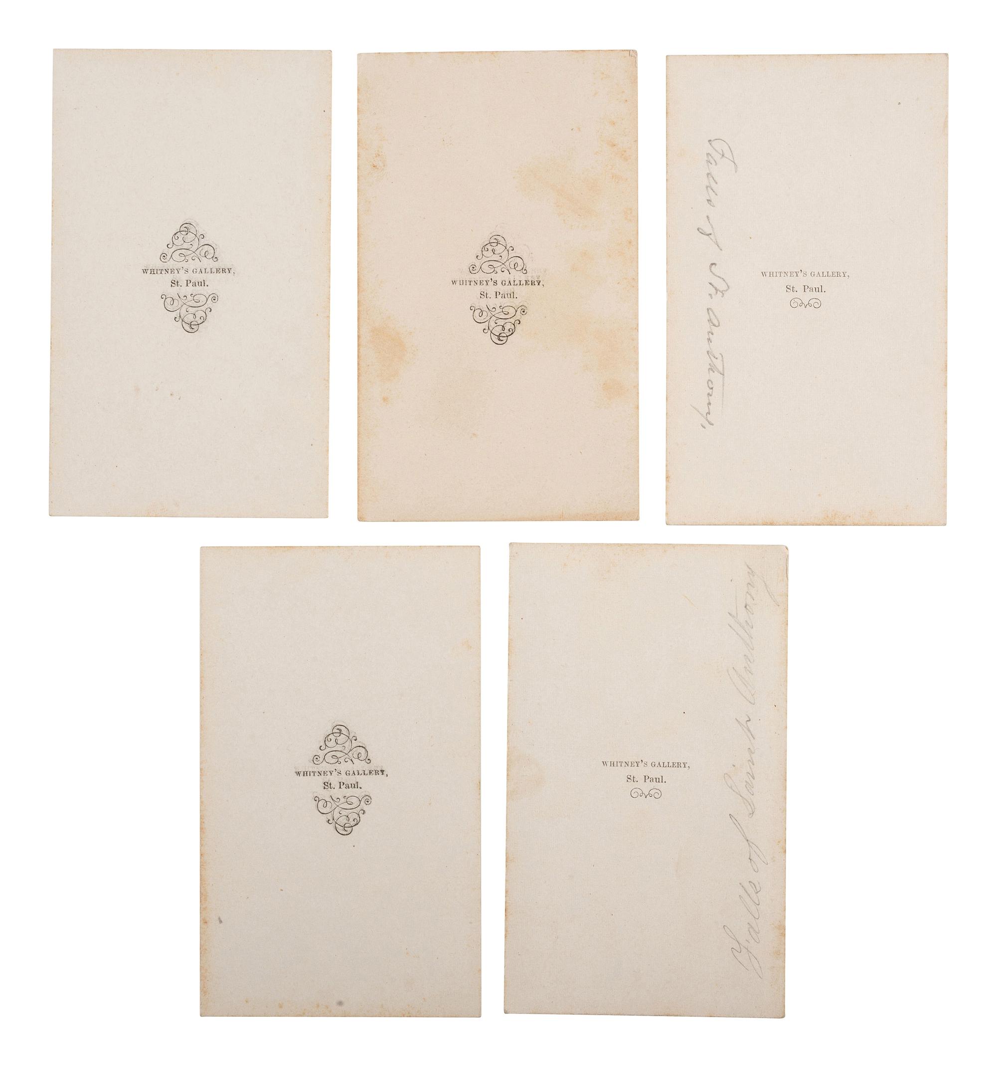 [EARLY PHOTOGRAPHY - CITIES & TOWNS]. WHITNEY, Joel, photographer. A group of 5 CDVs featuring outdoor scenes in St. Paul, Minnesota. St. Paul: Whitney's Gallery, n.d.
