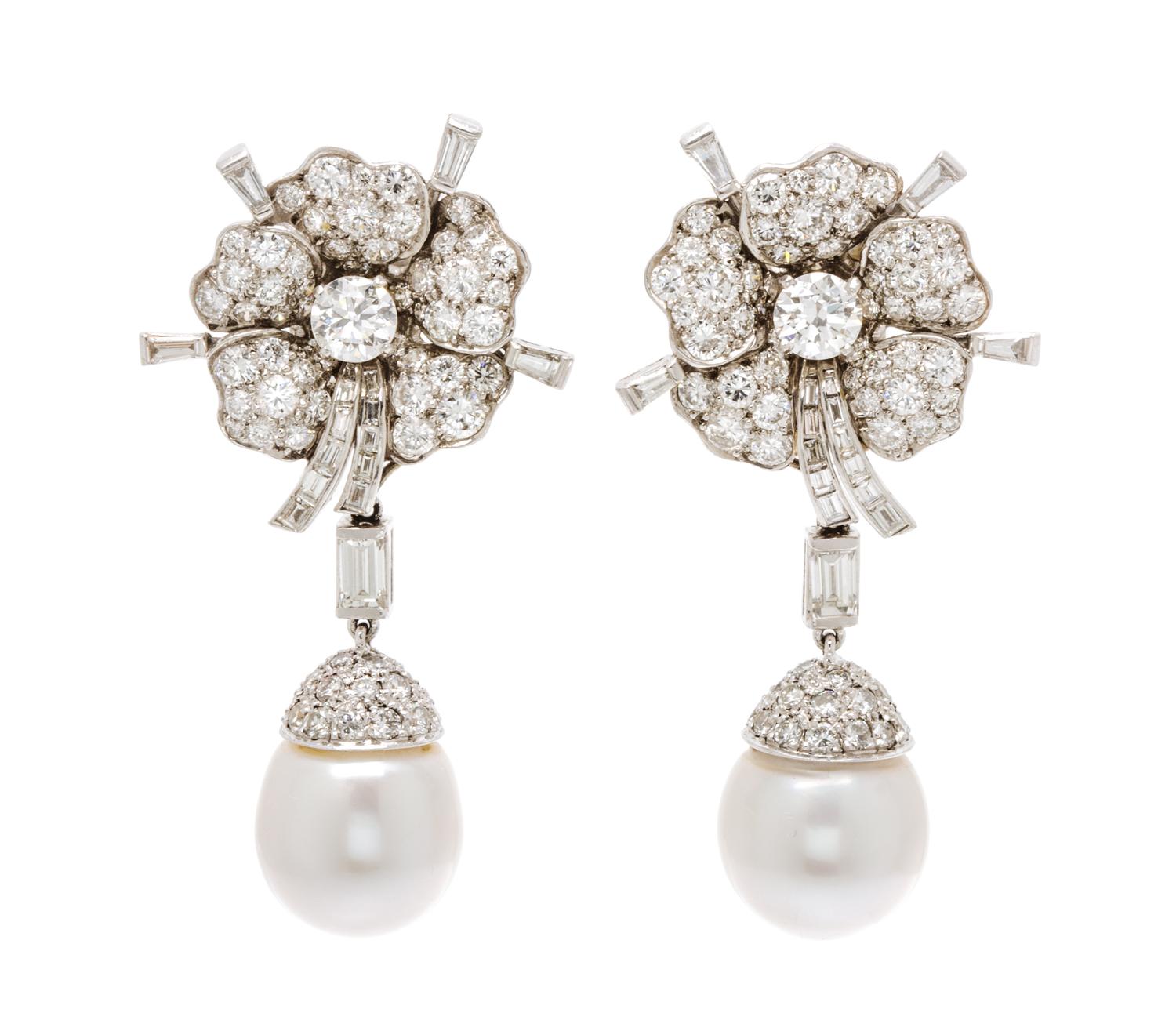 A Pair of Platinum, Diamond and Cultured Pearl Earclips with Detachable Drops, 19.30 dwts.