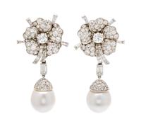 A Pair of Platinum, Diamond and Cultured Pearl Earclips with Detachable Drops, 19.30 dwts.