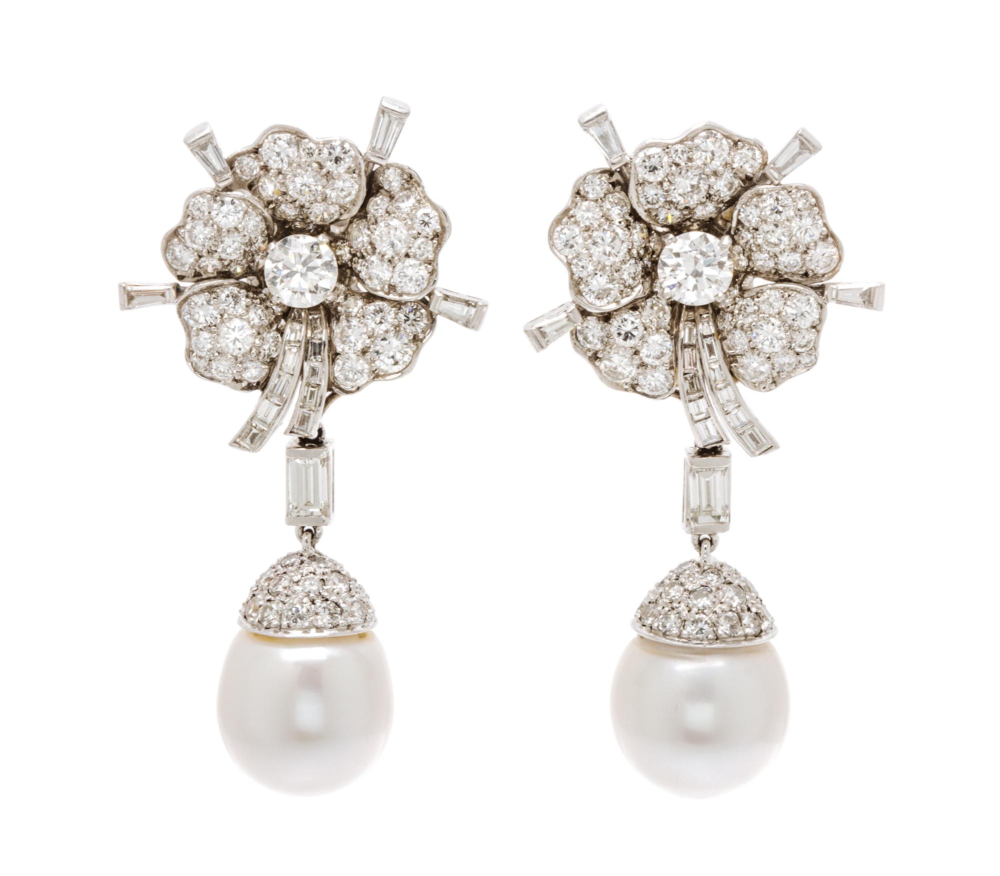 A Pair of Platinum, Diamond and Cultured Pearl Earclips with Detachable Drops, 19.30 dwts.