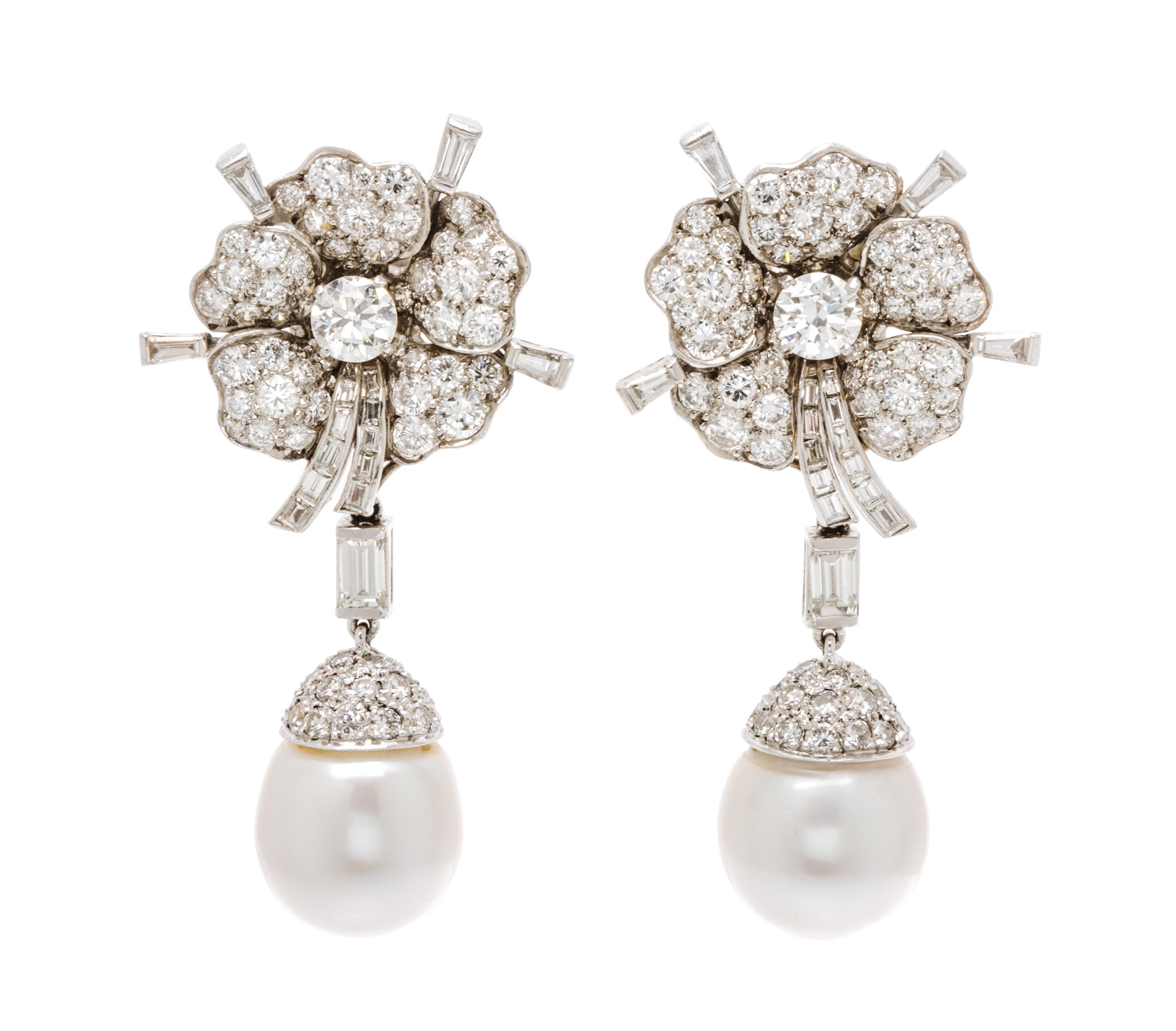 A Pair of Platinum, Diamond and Cultured Pearl Earclips with Detachable Drops, 19.30 dwts.