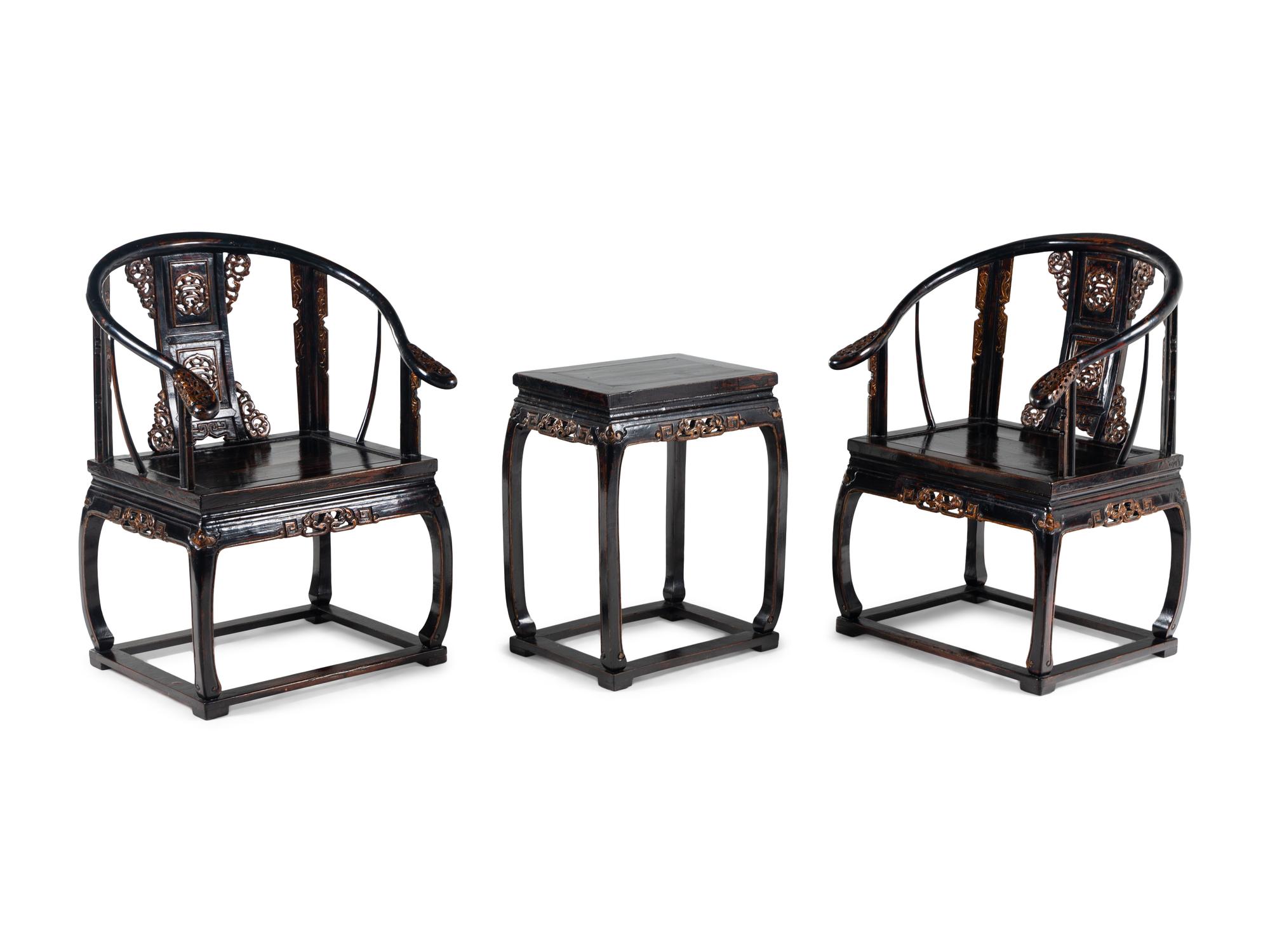 A Pair of Chinese Gilt Highlighted Black Lacquered Wood Armchairs and A Matching Rectangular Stand