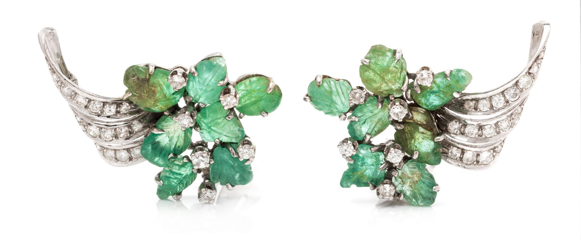 A Pair of Platinum, Emerald and Diamond Earclips, 9.60 dwts.