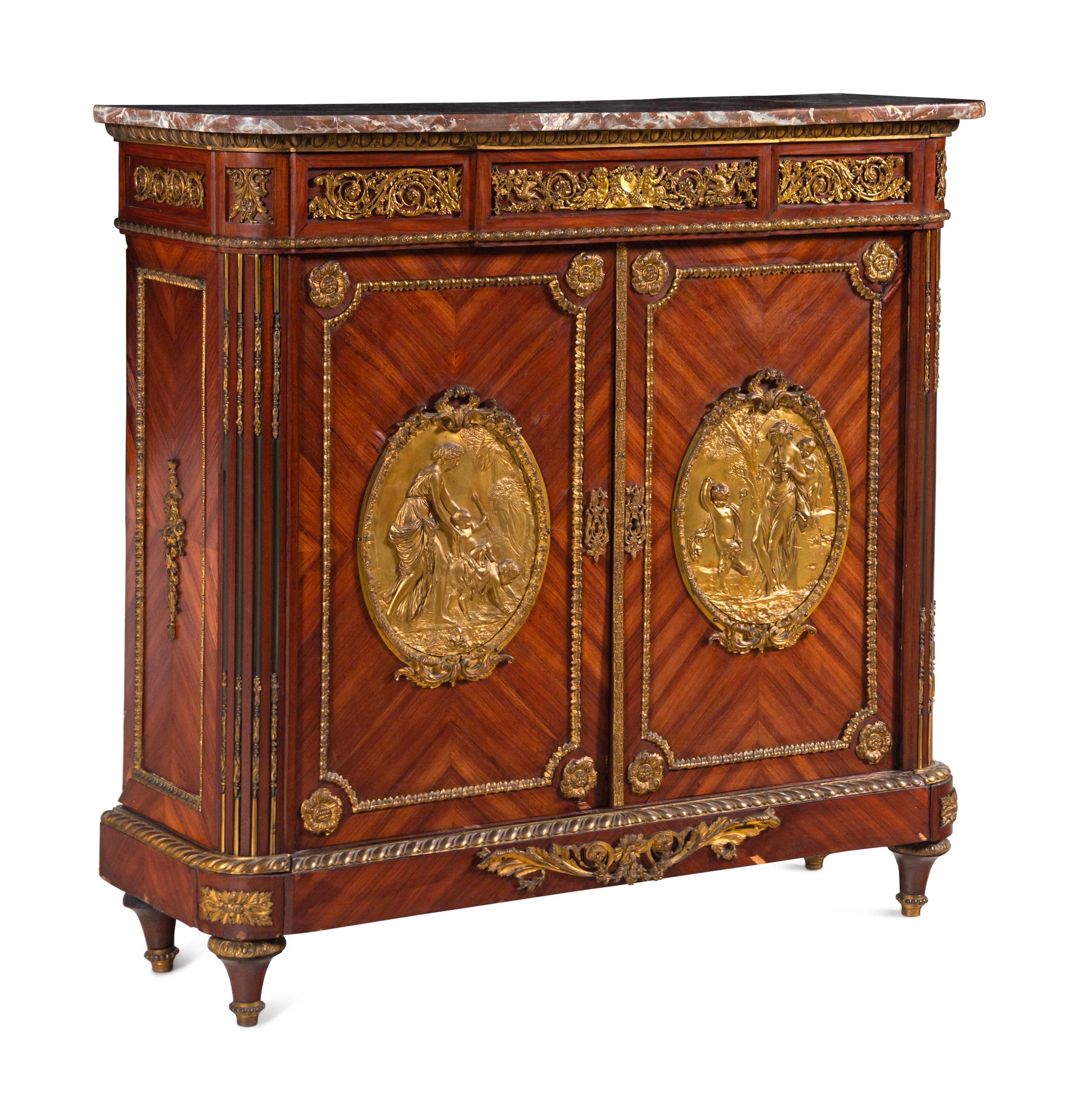 A Louis XVI Style Gilt Bronze Mounted Kingwood Marble-Top Cabinet by Befort Jeune (Mathieu Befort, 1813-1880)
