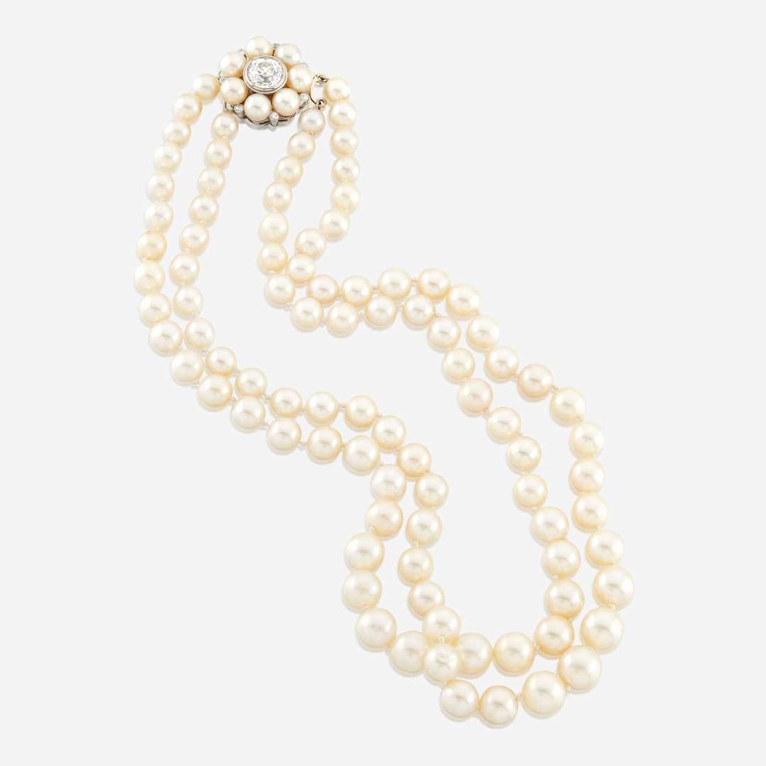 A cultured pearl, diamond, and white gold necklace