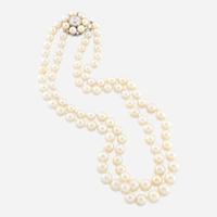 A cultured pearl, diamond, and white gold necklace