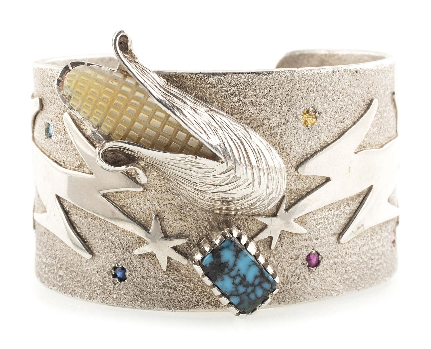 Southwestern-style Silver Cuff Bracelet, set with Turquoise, Shell, and Gem Stones