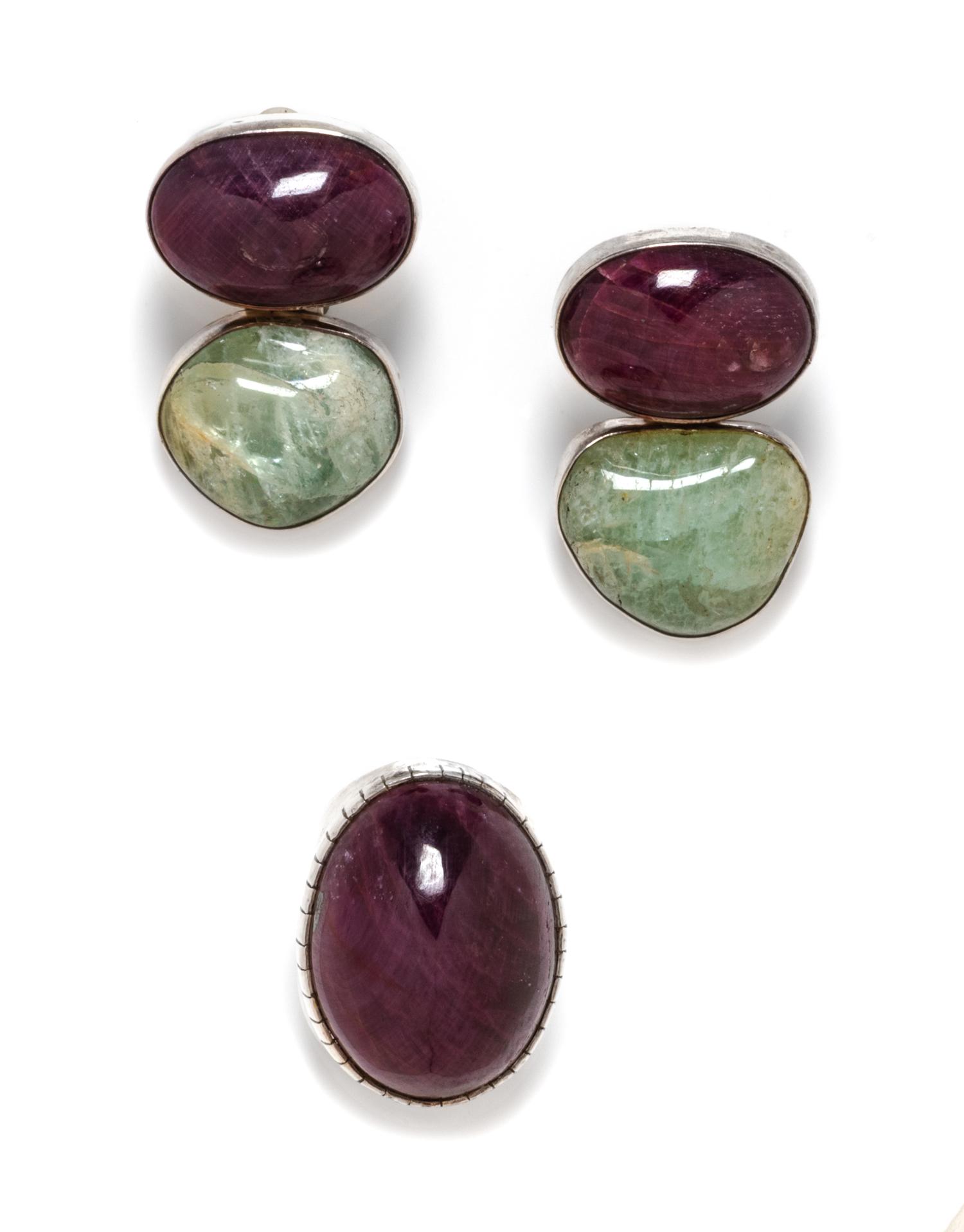 A Sterling Silver, Ruby and Beryl Demi-Parure, Rebecca Collins, 60.40 dwts.