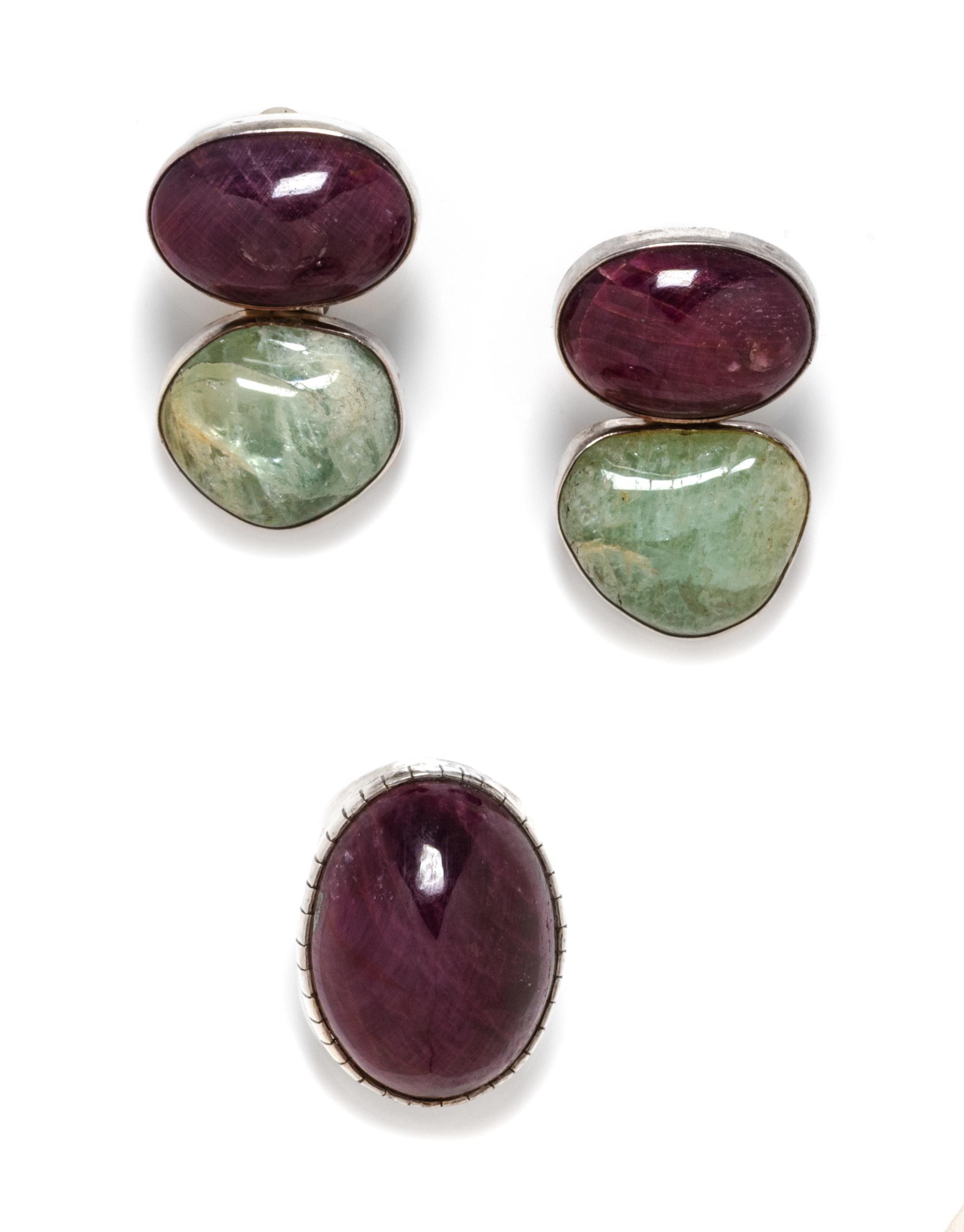 A Sterling Silver, Ruby and Beryl Demi-Parure, Rebecca Collins, 60.40 dwts.