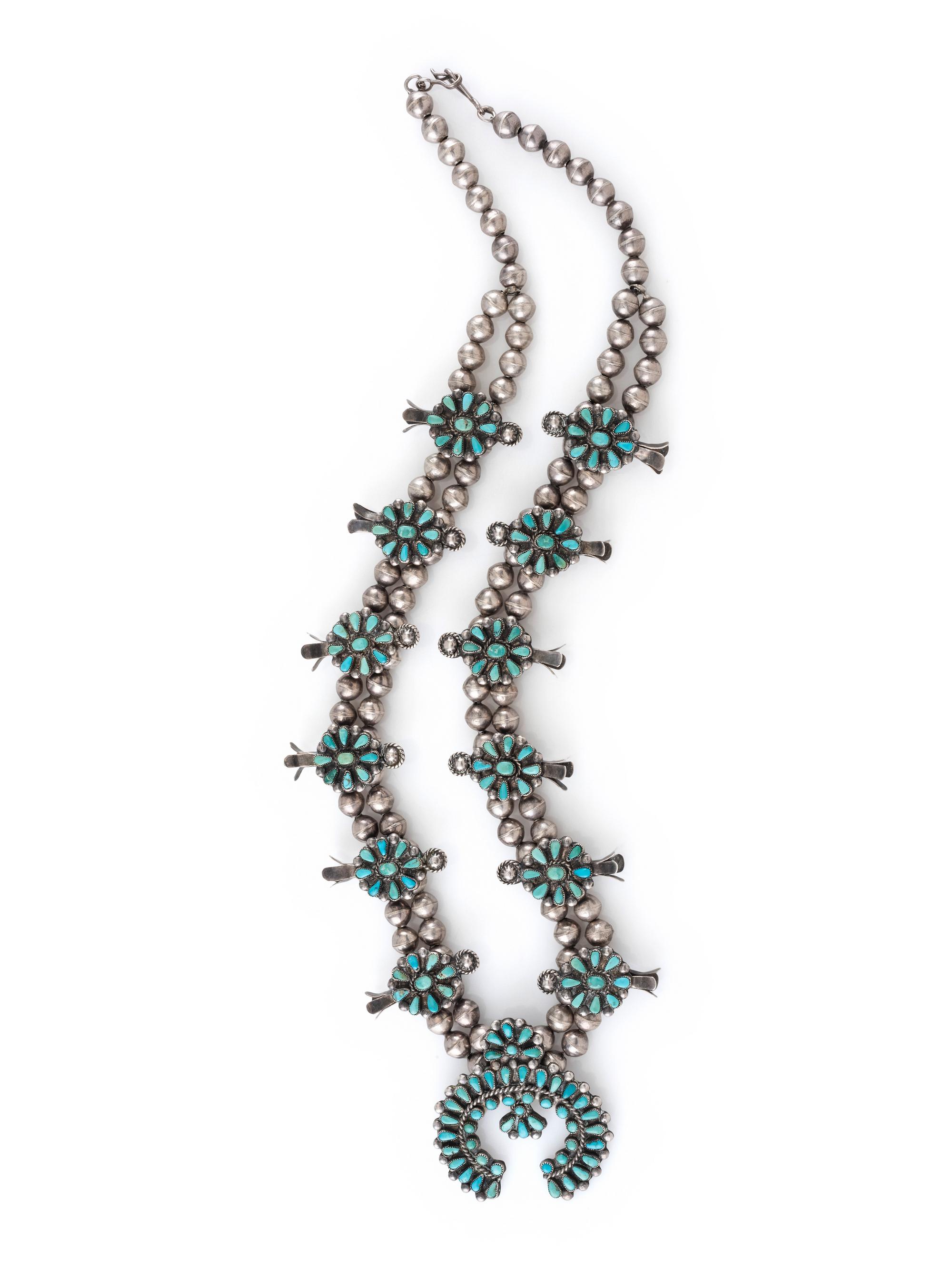 Petite Navajo or Zuni Turquoise Cluster Squash Blossom Necklace
