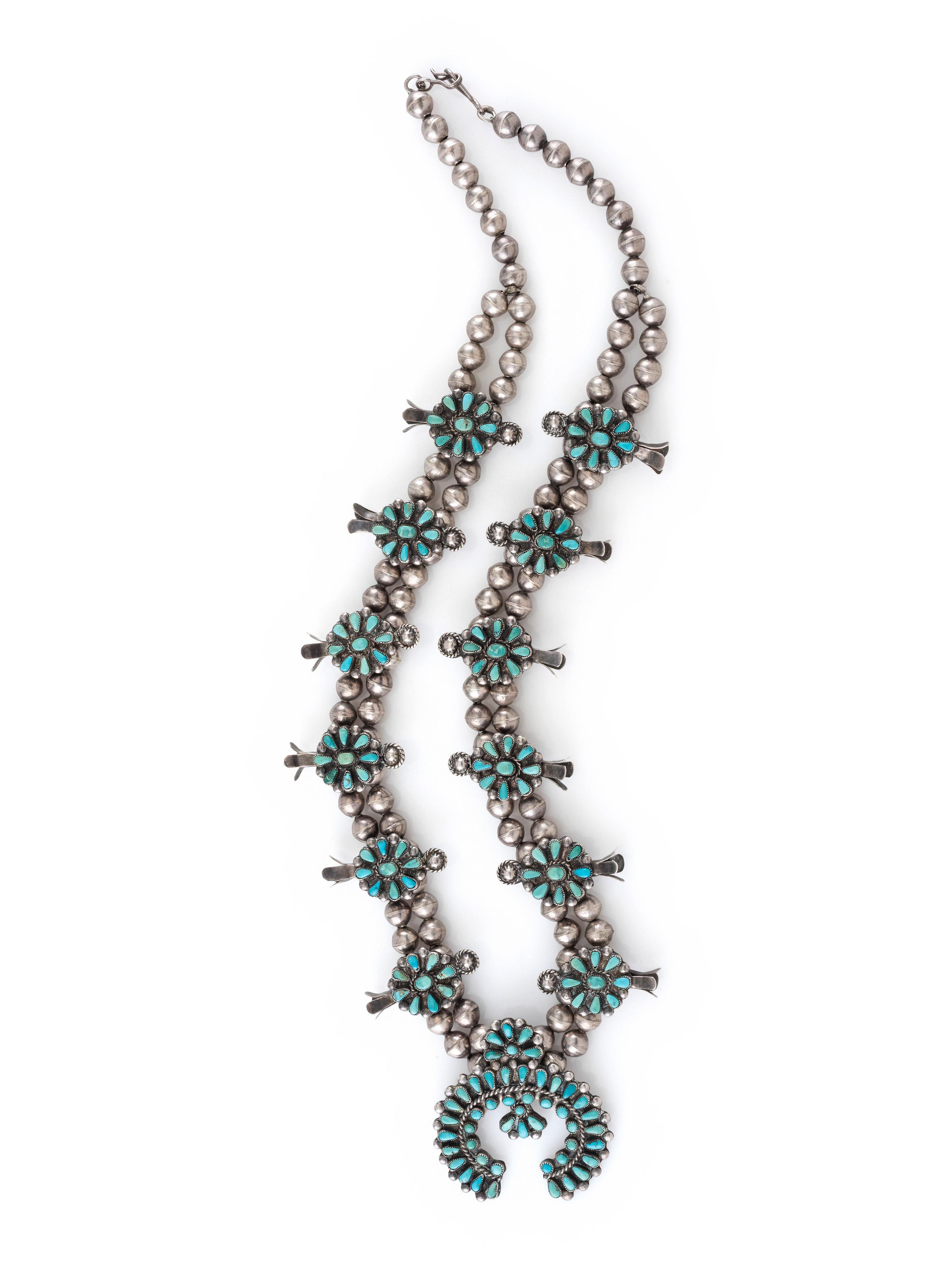 Petite Navajo or Zuni Turquoise Cluster Squash Blossom Necklace