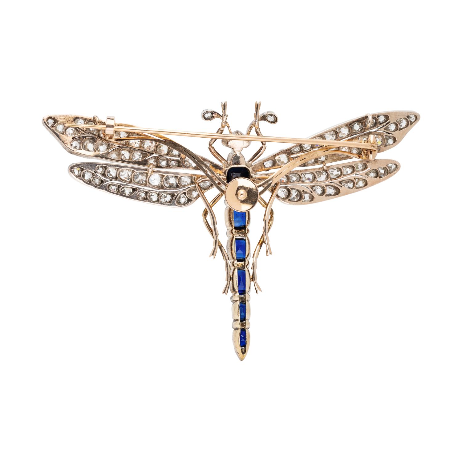 ANTIQUE, SILVER-TOPPED GOLD, SAPPHIRE AND DIAMOND DRAGONFLY PENDANT/BROOCH