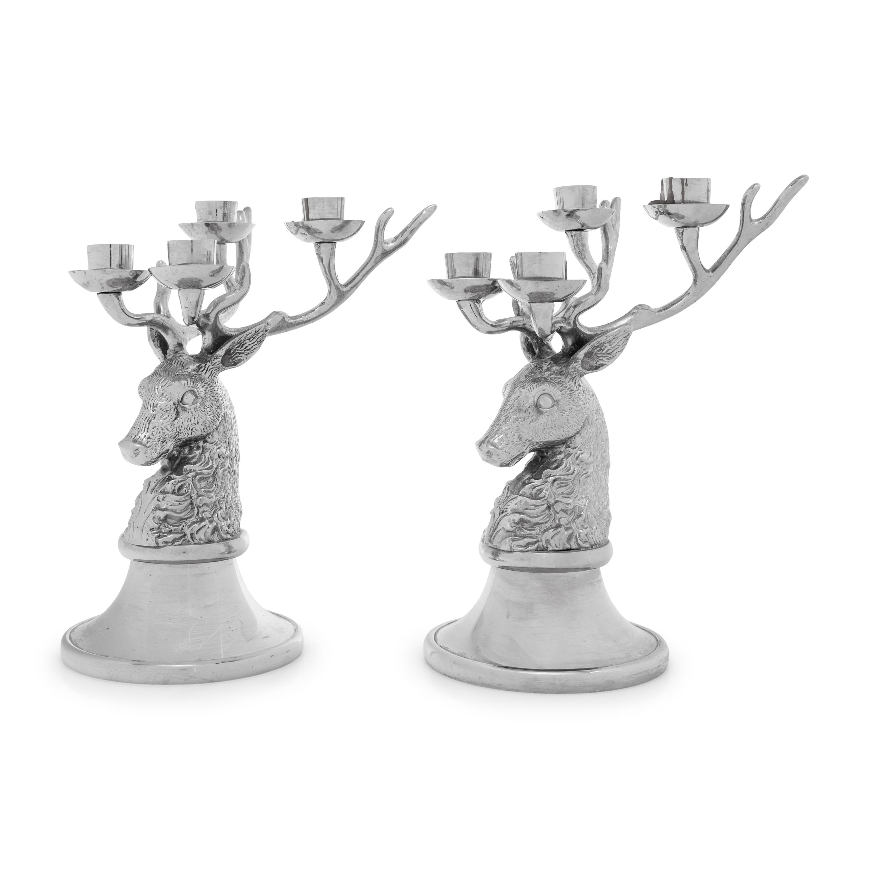 A Pair of Indian Silver-Plate Stag Head Candelabra