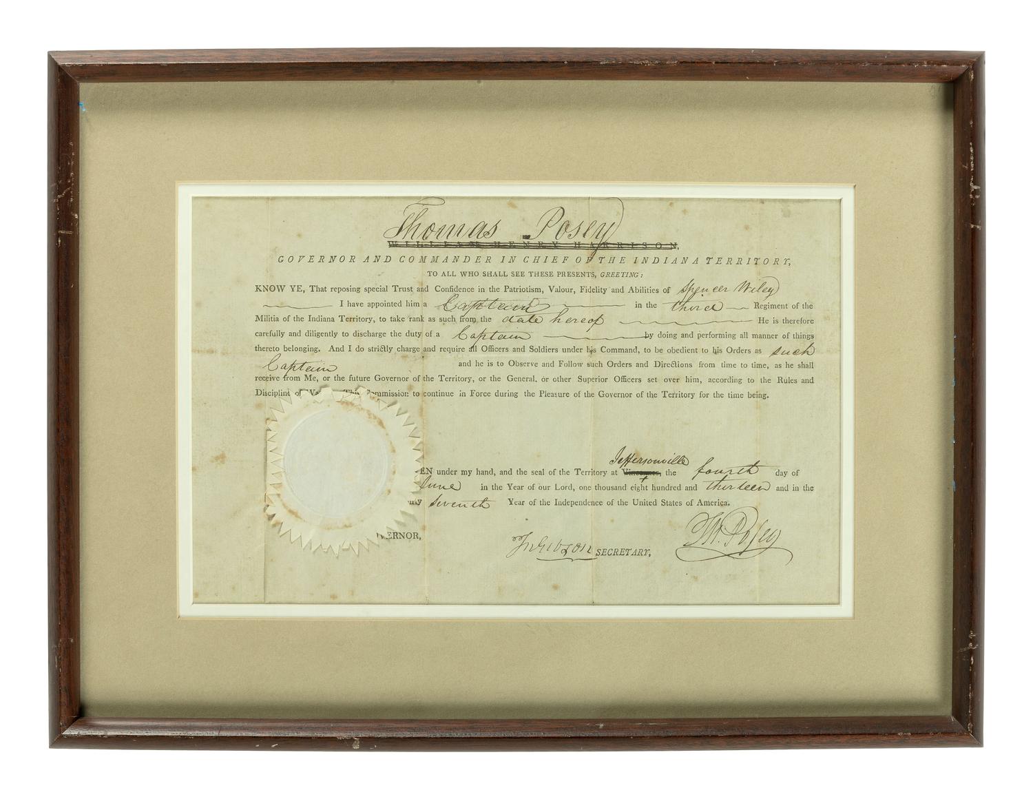 HARRISON, William Henry (1773-1841). Two Indiana Territory military documents including a partly printed document signed ("Willm. Henry Harrison"), as Governor and Commander in Chief of the Indiana Territory, Vincennes, 10 December 1811.