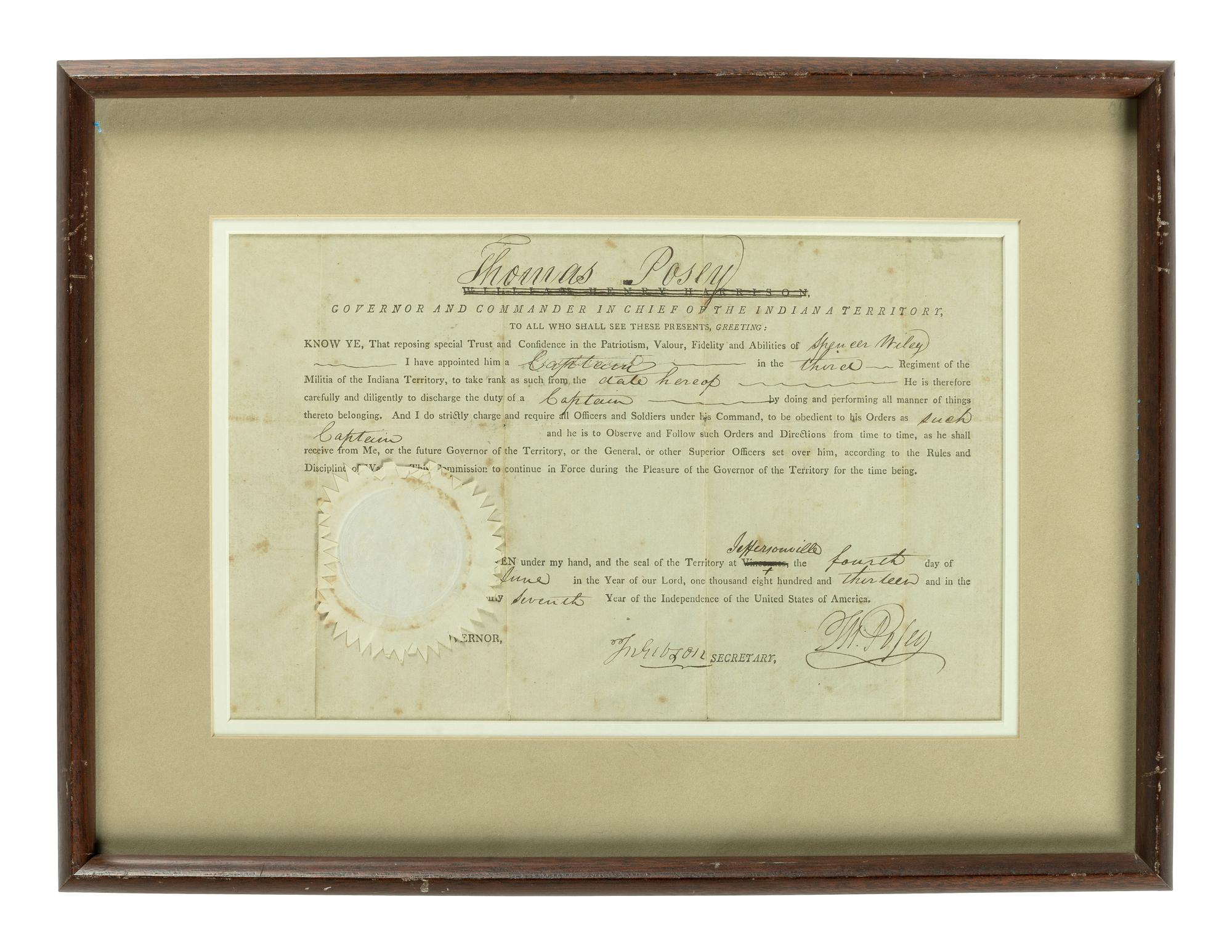 HARRISON, William Henry (1773-1841). Two Indiana Territory military documents including a partly printed document signed ("Willm. Henry Harrison"), as Governor and Commander in Chief of the Indiana Territory, Vincennes, 10 December 1811.