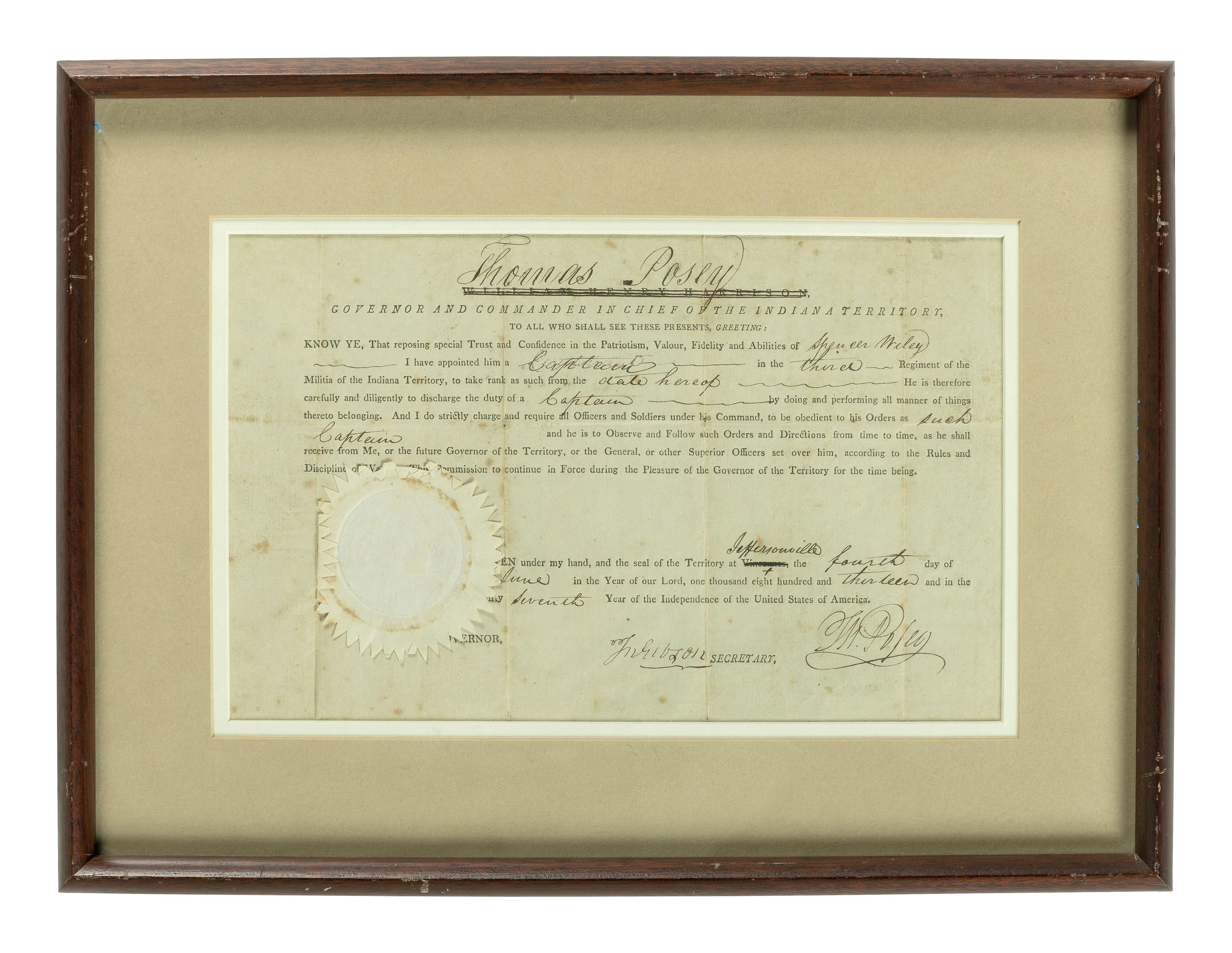 HARRISON, William Henry (1773-1841). Two Indiana Territory military documents including a partly printed document signed ("Willm. Henry Harrison"), as Governor and Commander in Chief of the Indiana Territory, Vincennes, 10 December 1811.