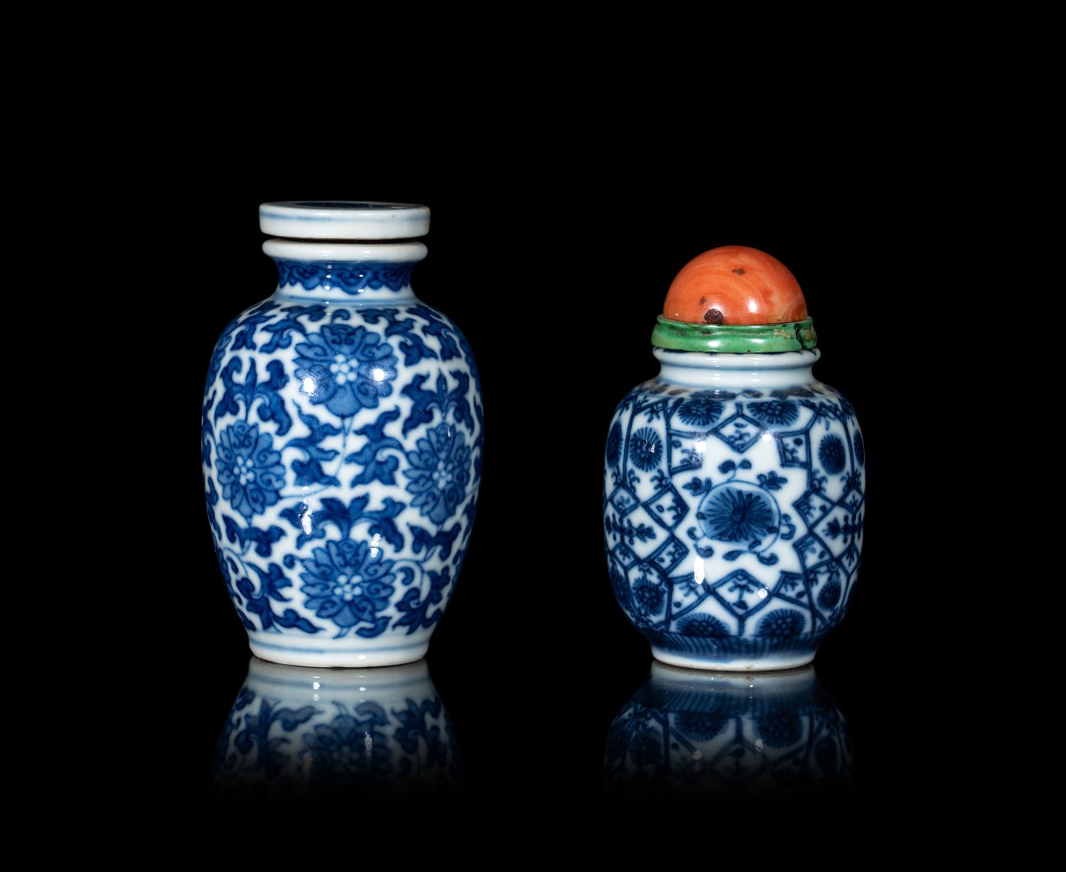 Two Chinese Blue and White Porcelain 'Floral' Snuff Bottles