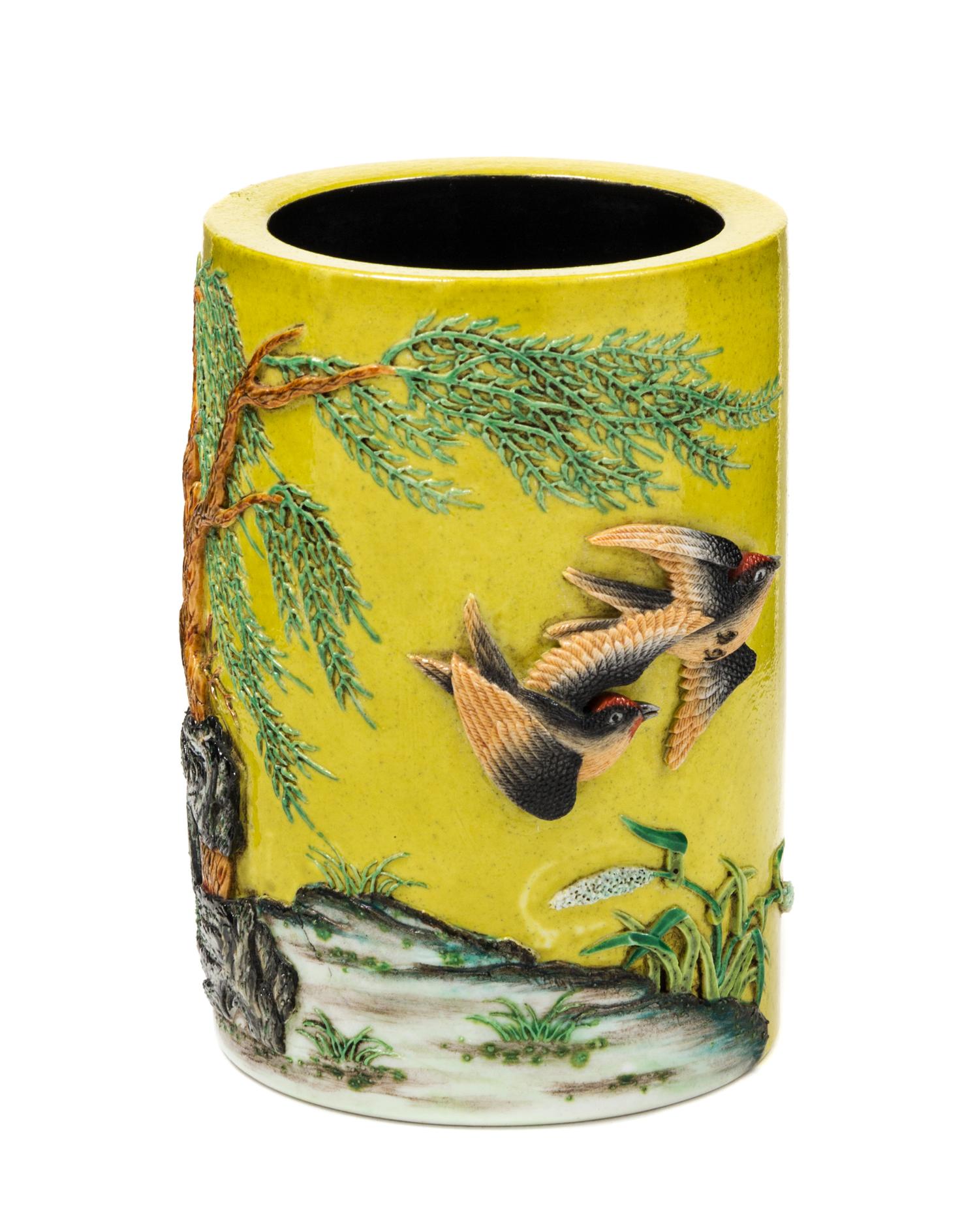 A Polychrome Enameled Porcelain Brush Pot